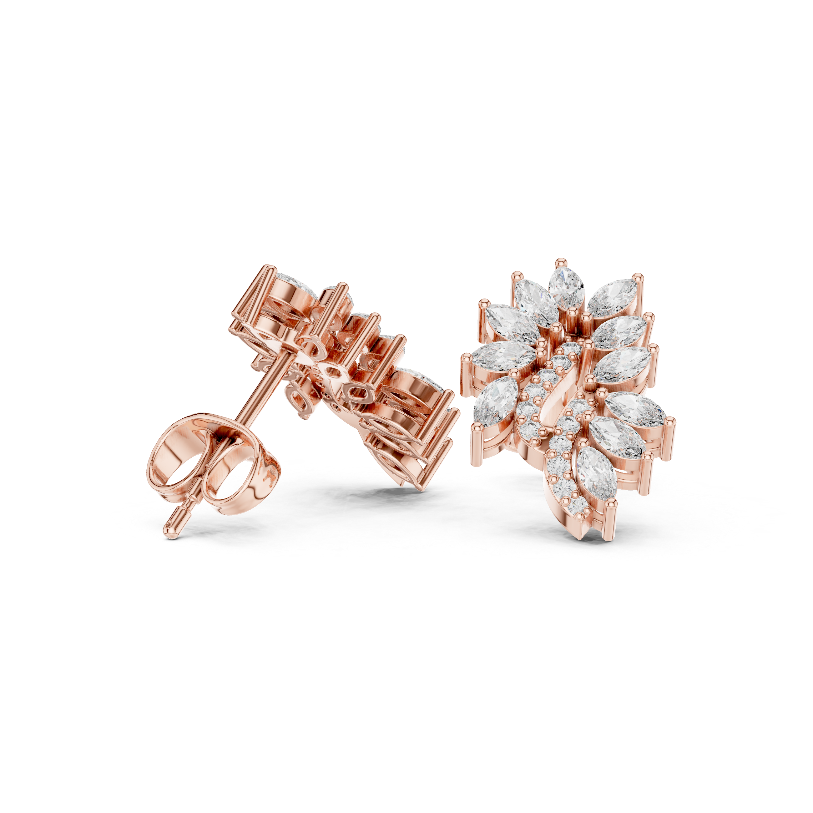 Flowing Marquise Diamond Leaf Drop Stud Earrings