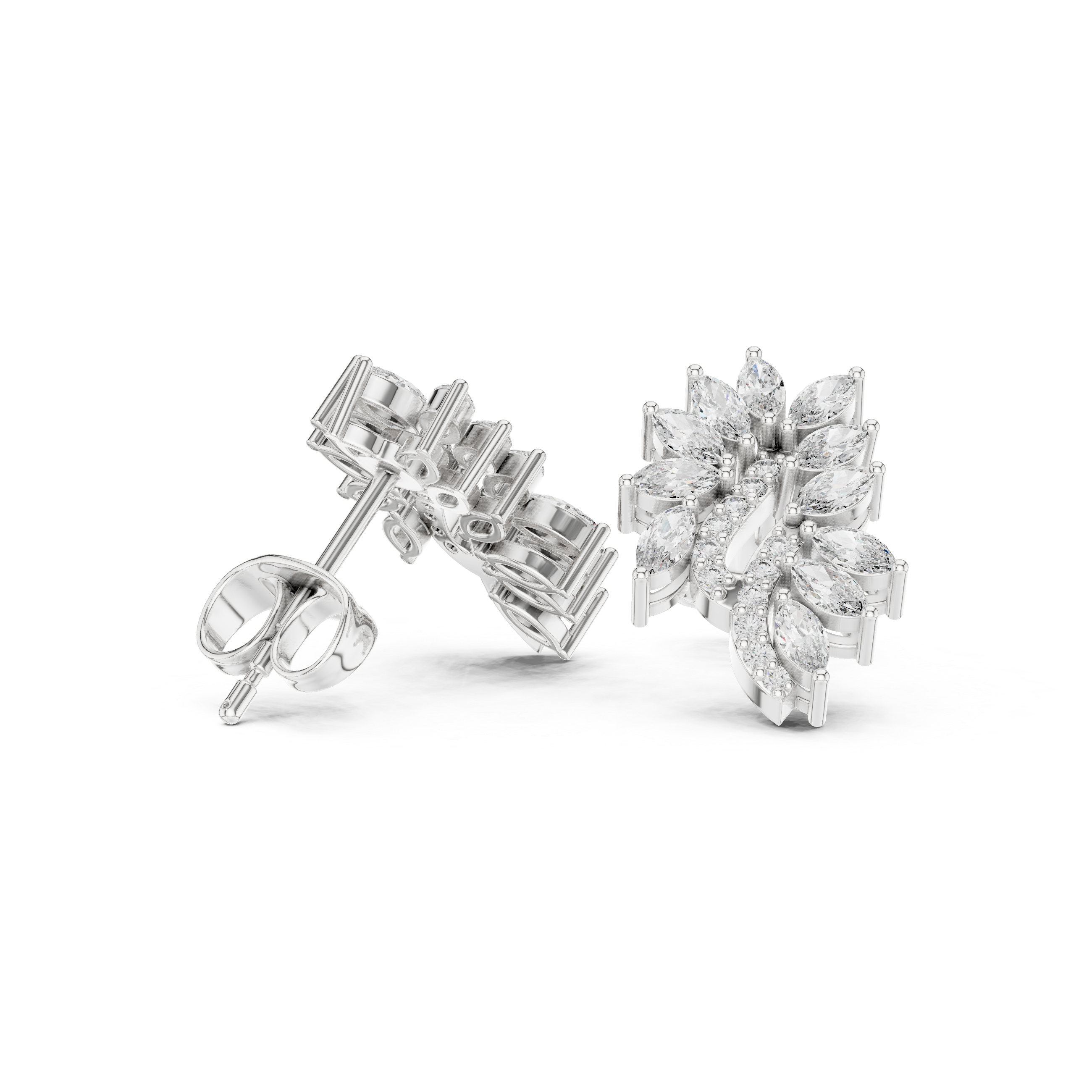 Flowing Marquise Diamond Leaf Drop Stud Earrings