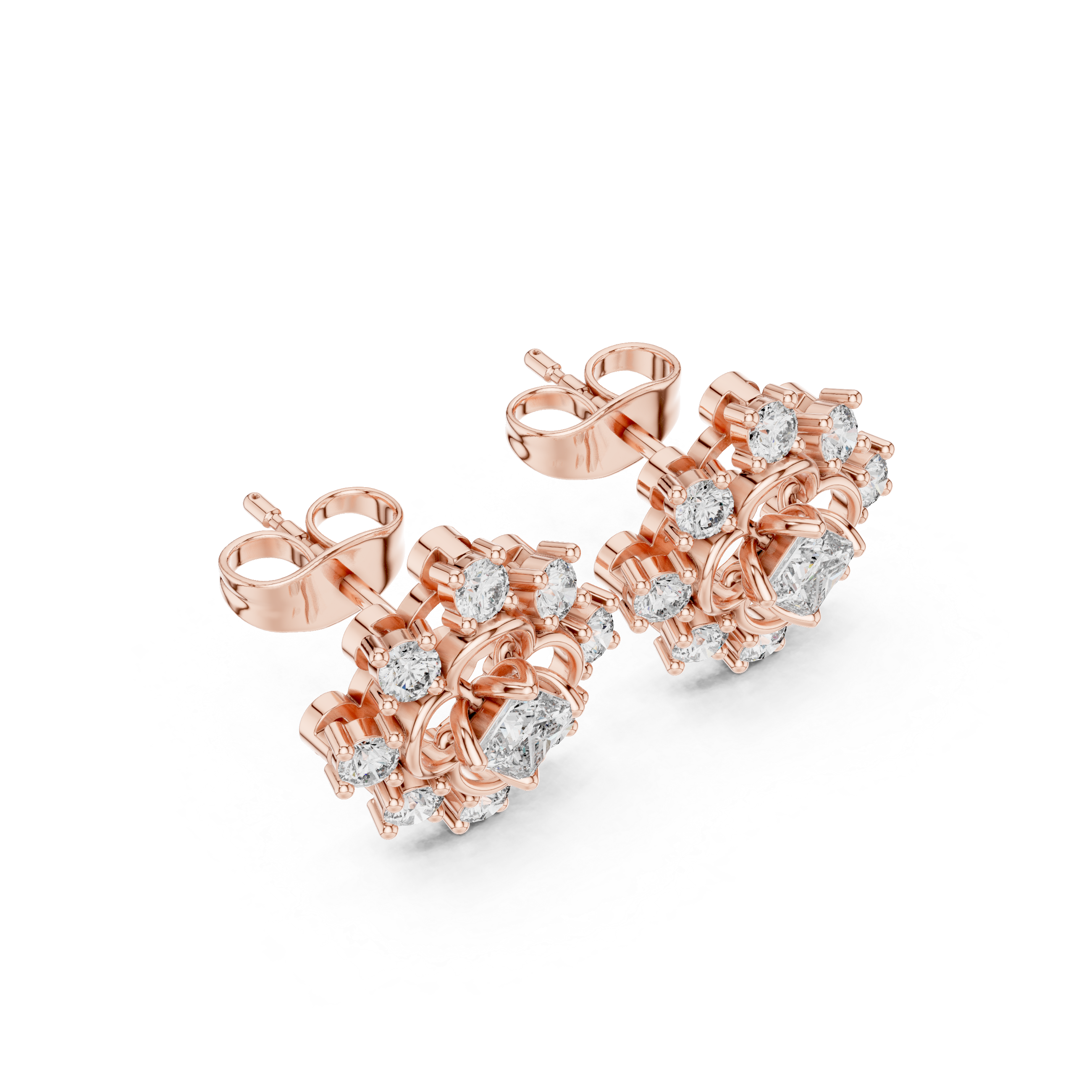 Geometric Floral Princess Cut Diamond Stud Earrings