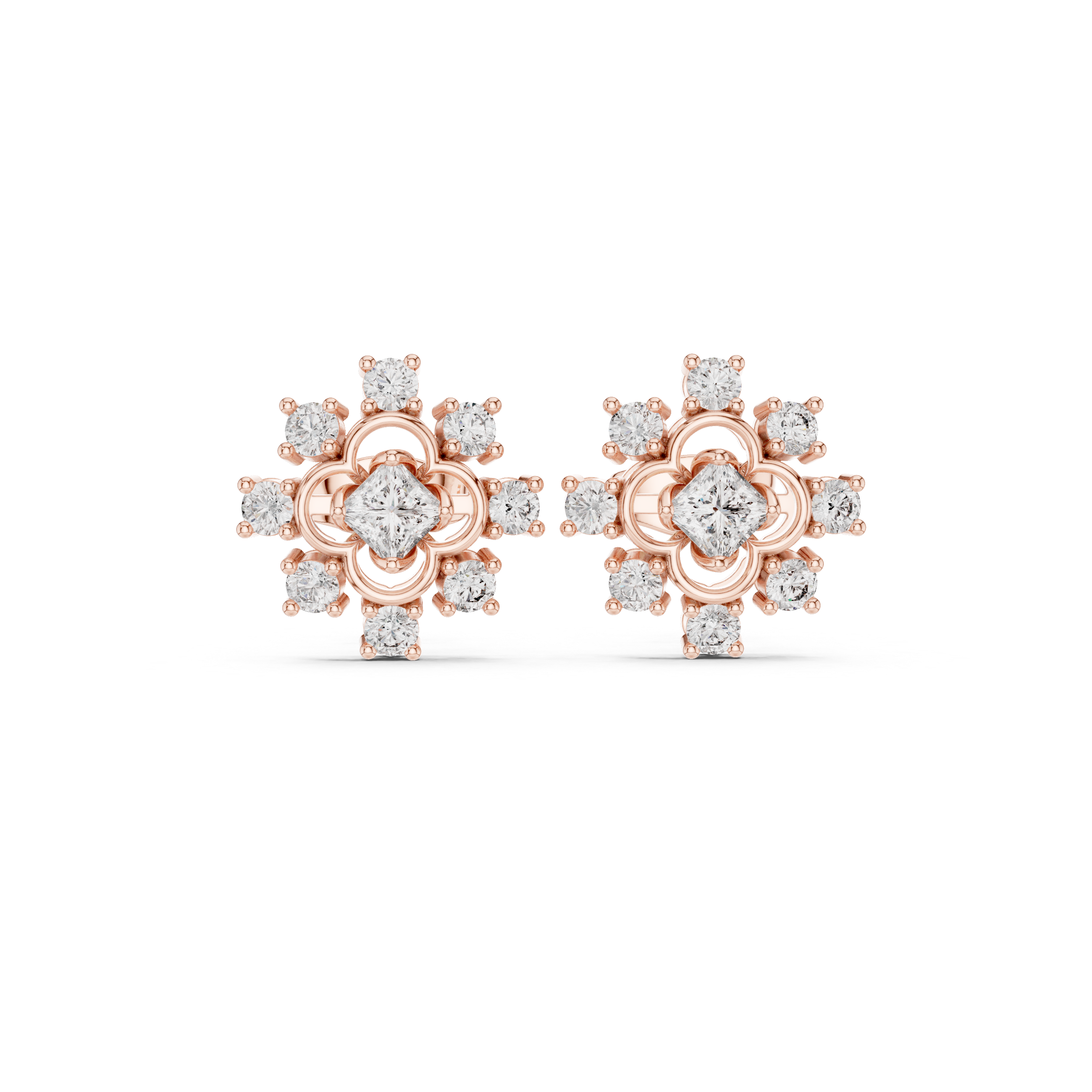 Geometric Floral Princess Cut Diamond Stud Earrings