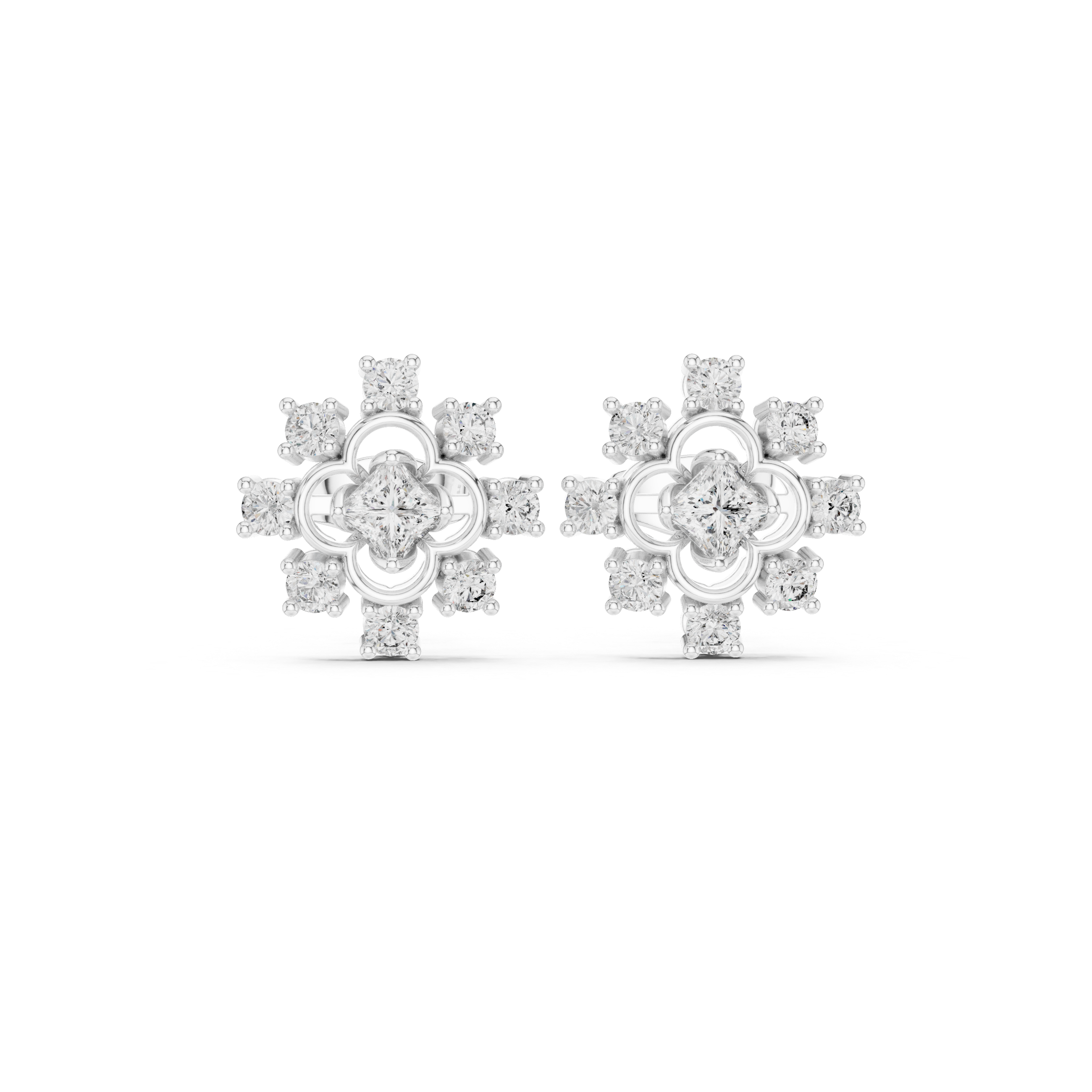 Geometric Floral Princess Cut Diamond Stud Earrings