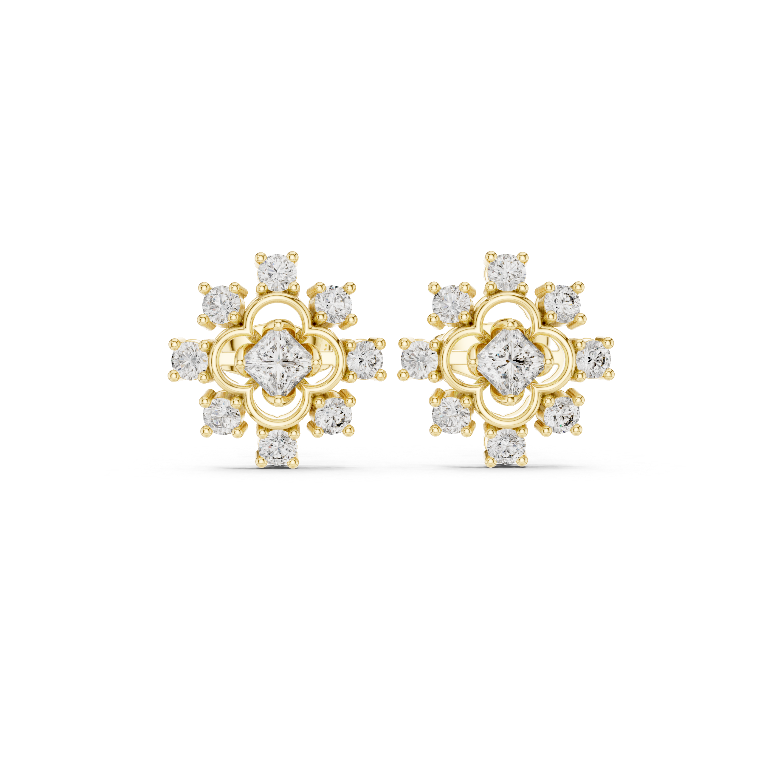 Geometric Floral Princess Cut Diamond Stud Earrings