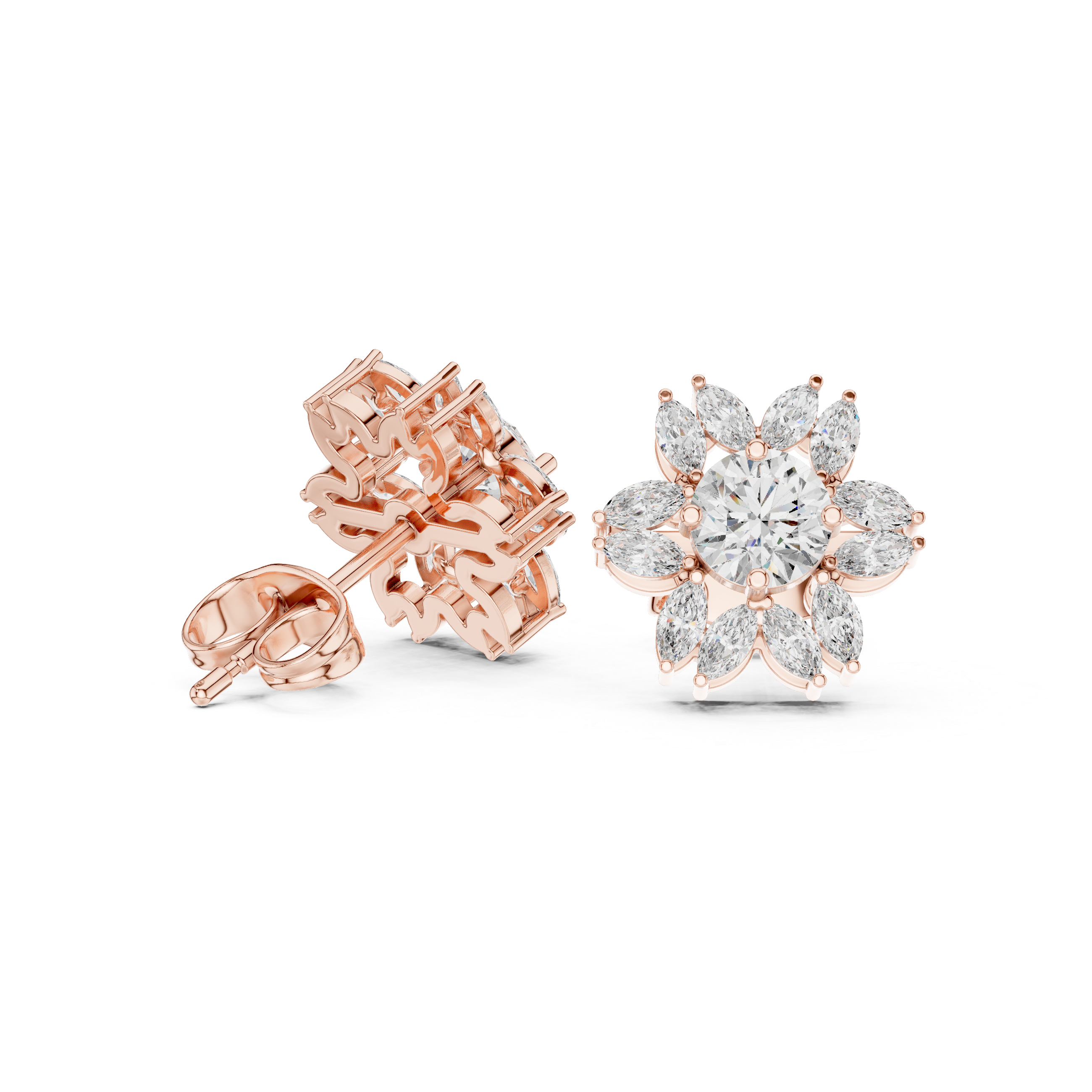 Marquise Halo Diamond Floral Stud Earrings