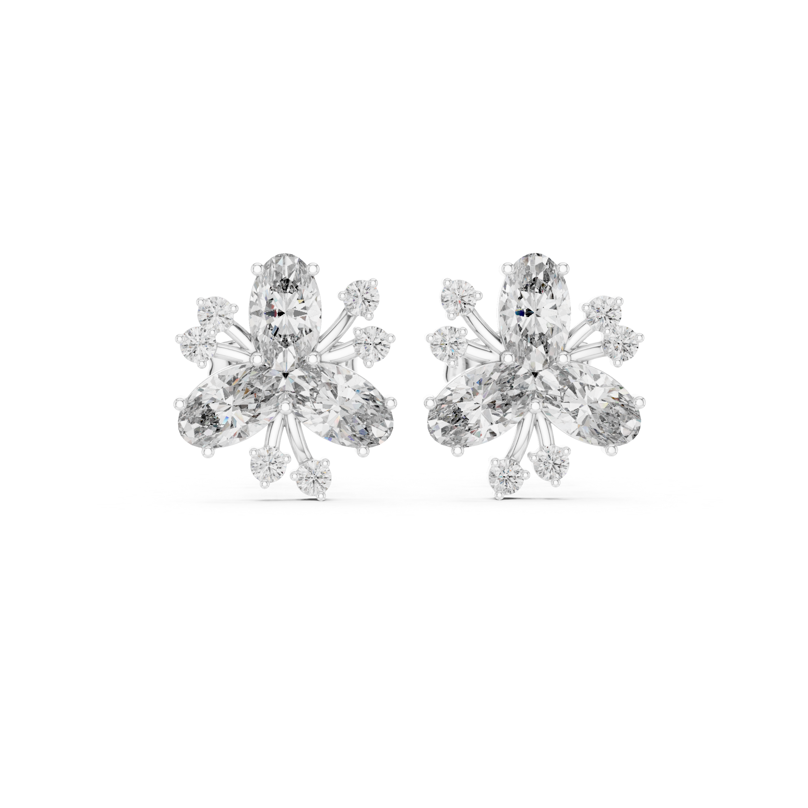 Oval Floral Diamond Cluster Stud Earrings