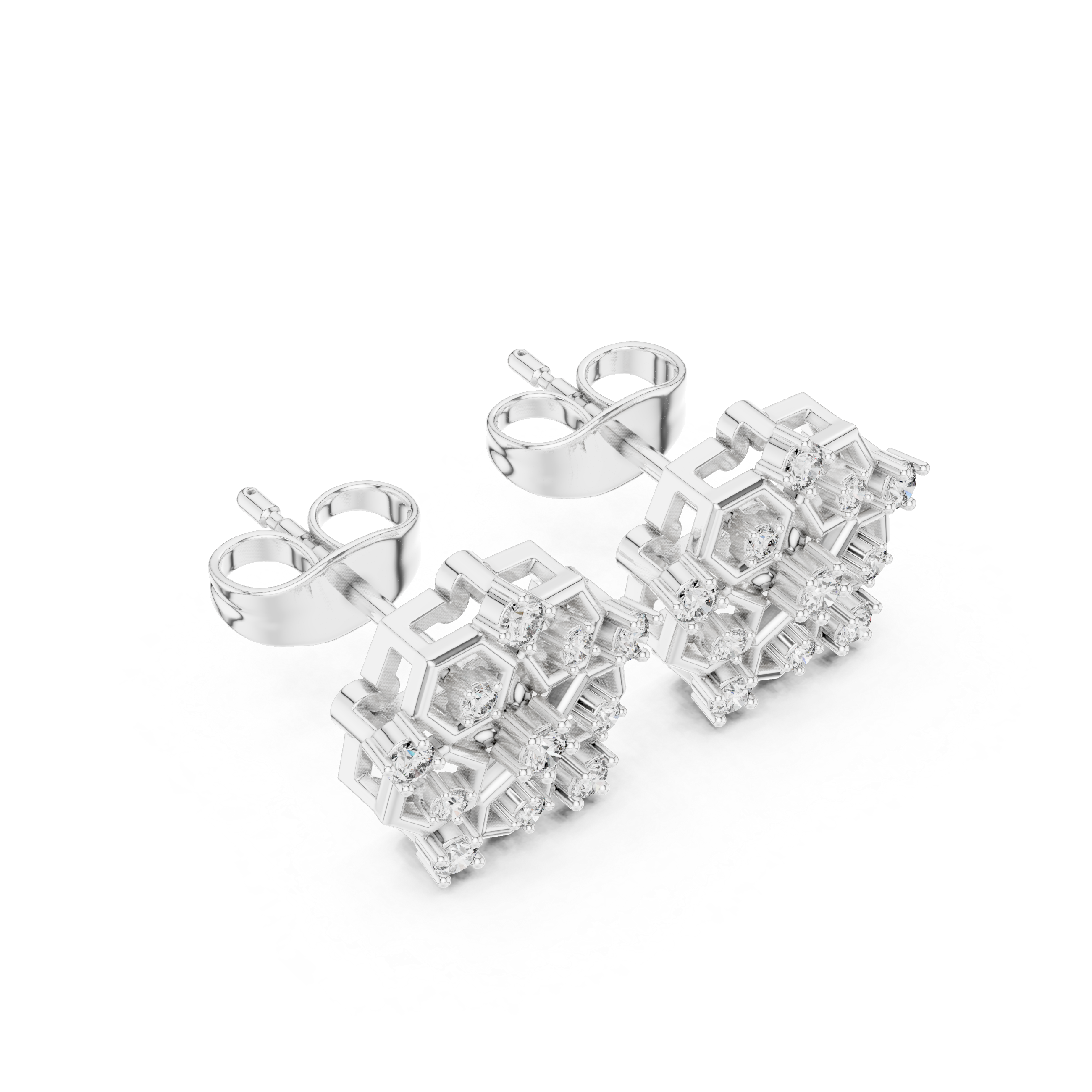 Hexagon Honeycomb Diamond Cluster Stud Earrings