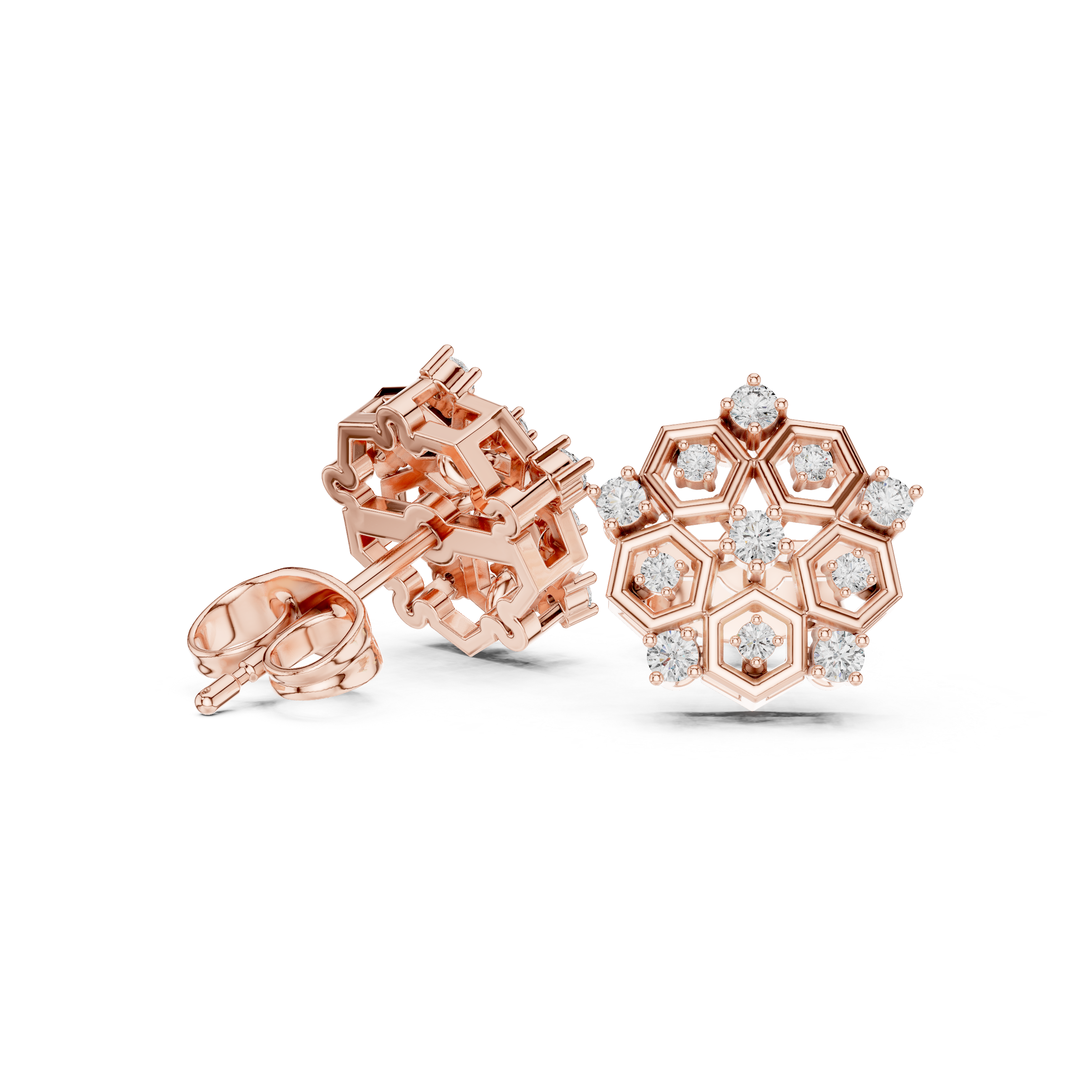 Hexagon Honeycomb Diamond Cluster Stud Earrings