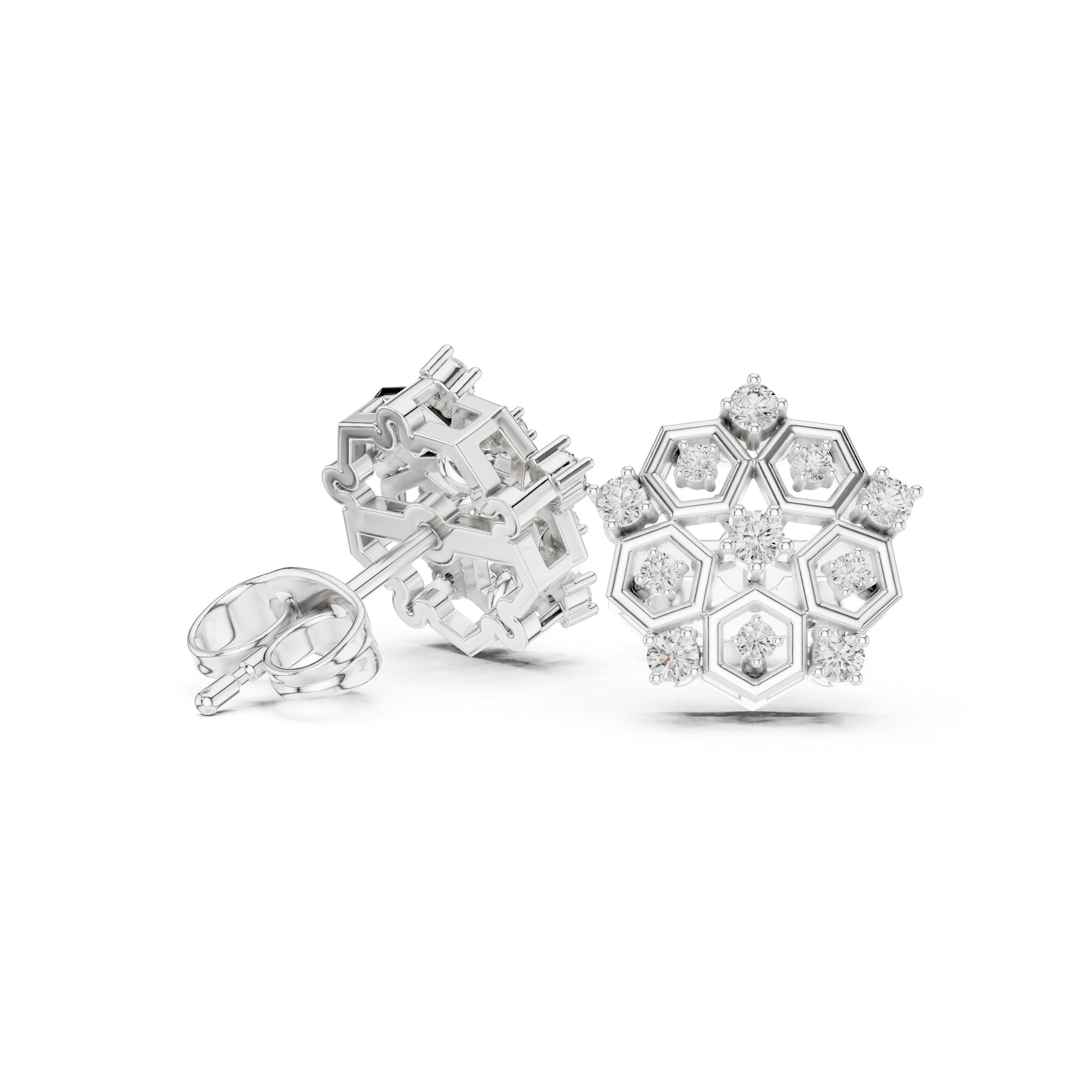 Hexagon Honeycomb Diamond Cluster Stud Earrings