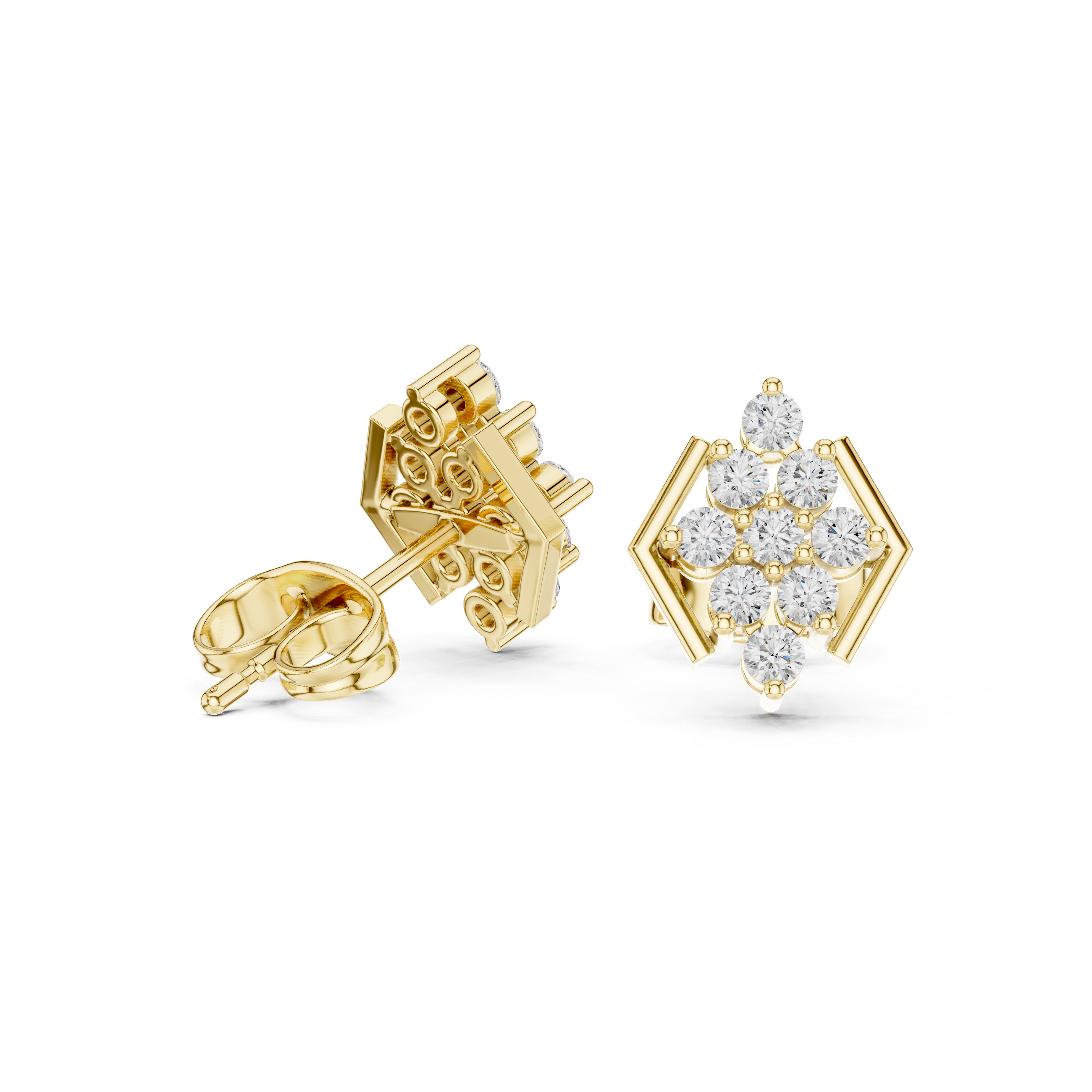 Geometric Hexagon Diamond Cluster Stud Earrings