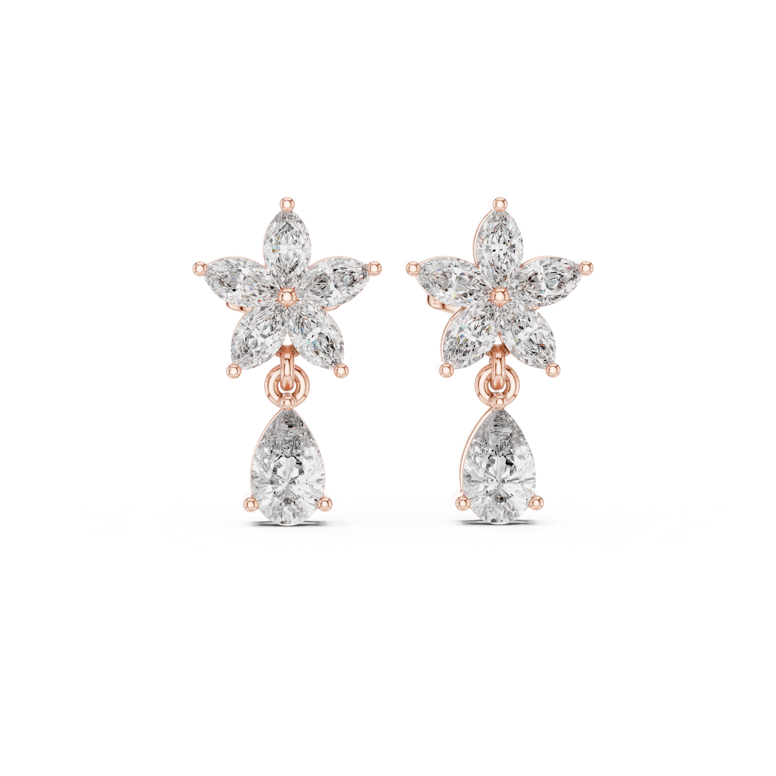 Floral Marquise Diamond Drop Earrings with Pear Cut Dangle