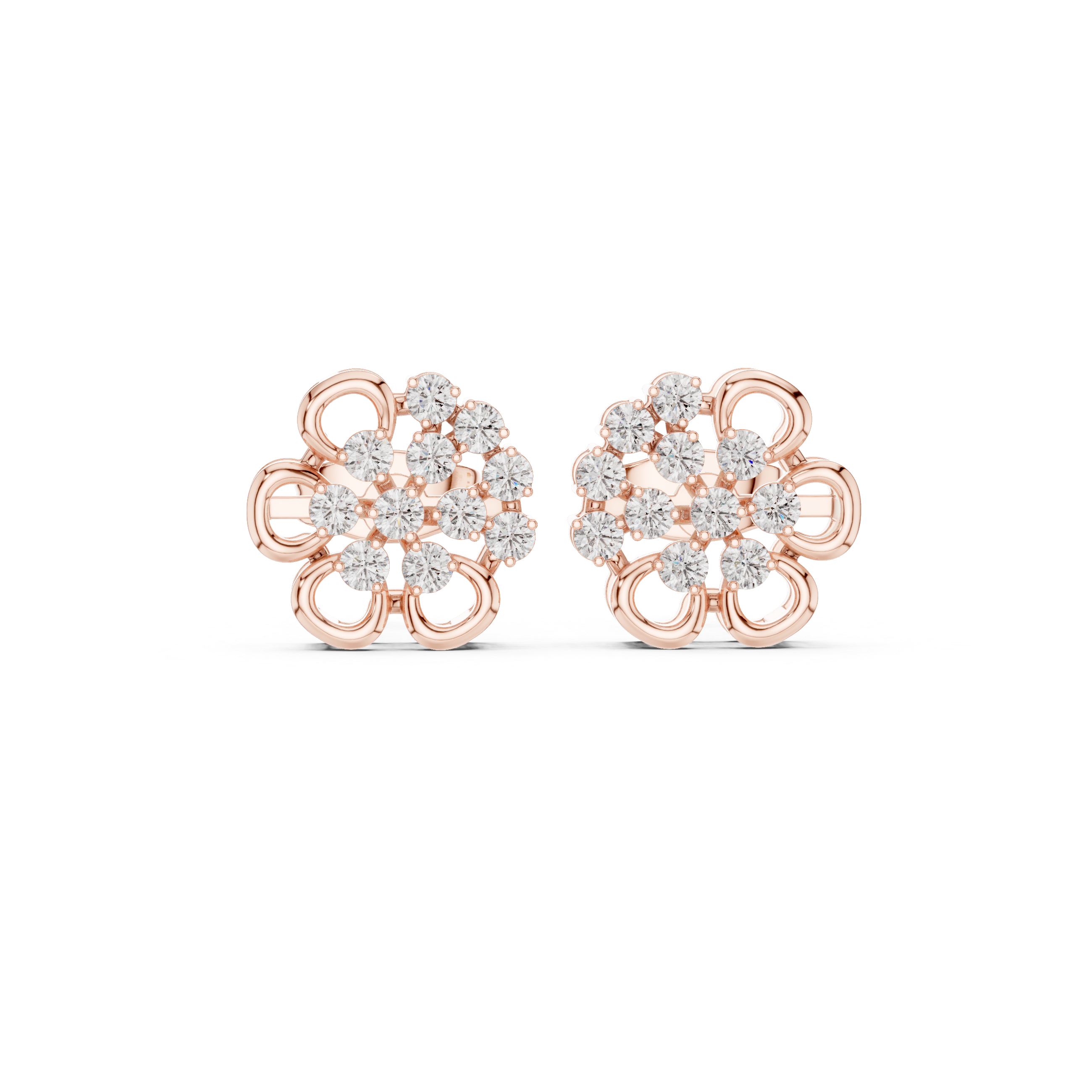 Vintage Floral Diamond Cluster Stud Earrings with Open Gold Motif