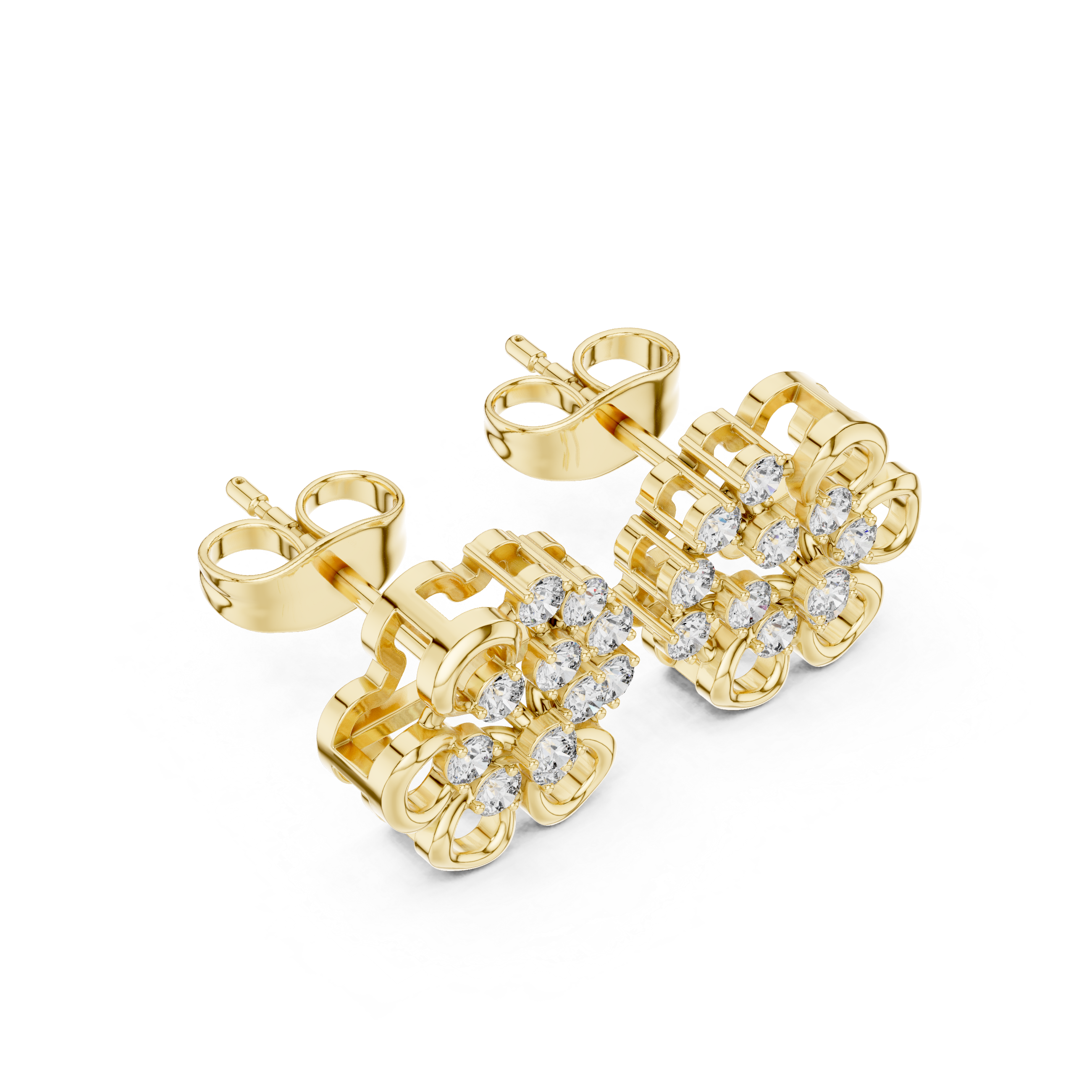 Vintage Floral Diamond Cluster Stud Earrings with Open Gold Motif