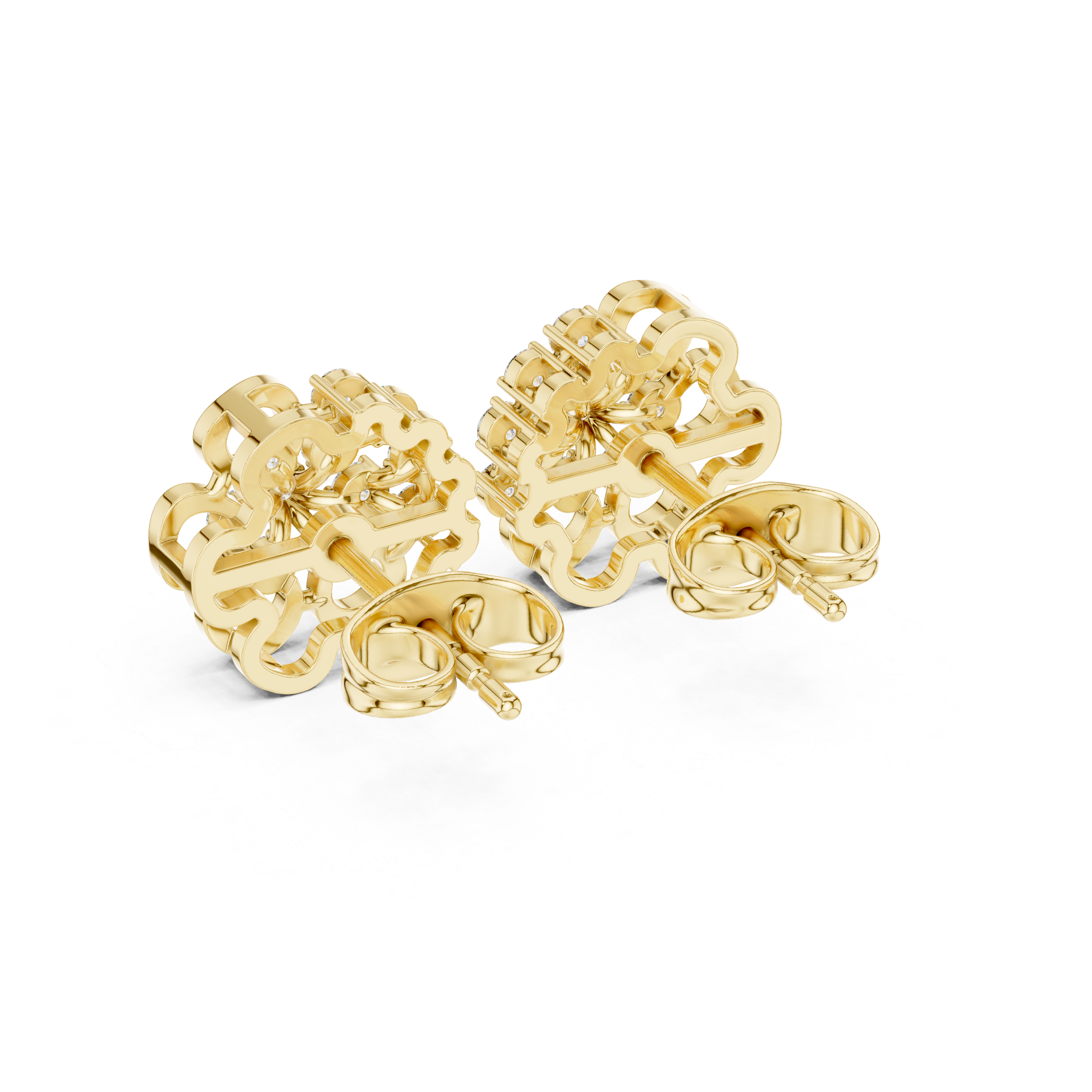 Vintage Floral Diamond Cluster Stud Earrings with Open Gold Motif