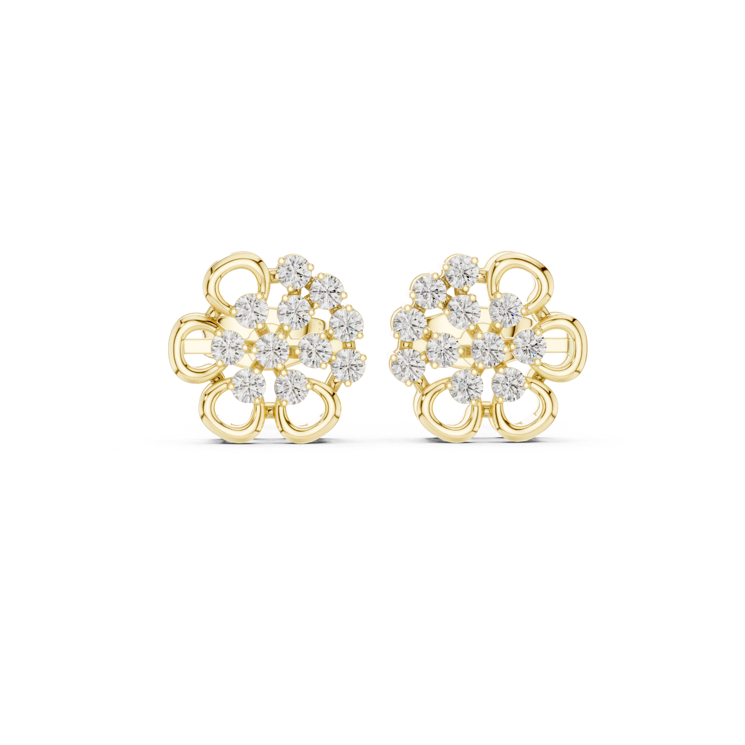 Vintage Floral Diamond Cluster Stud Earrings with Open Gold Motif