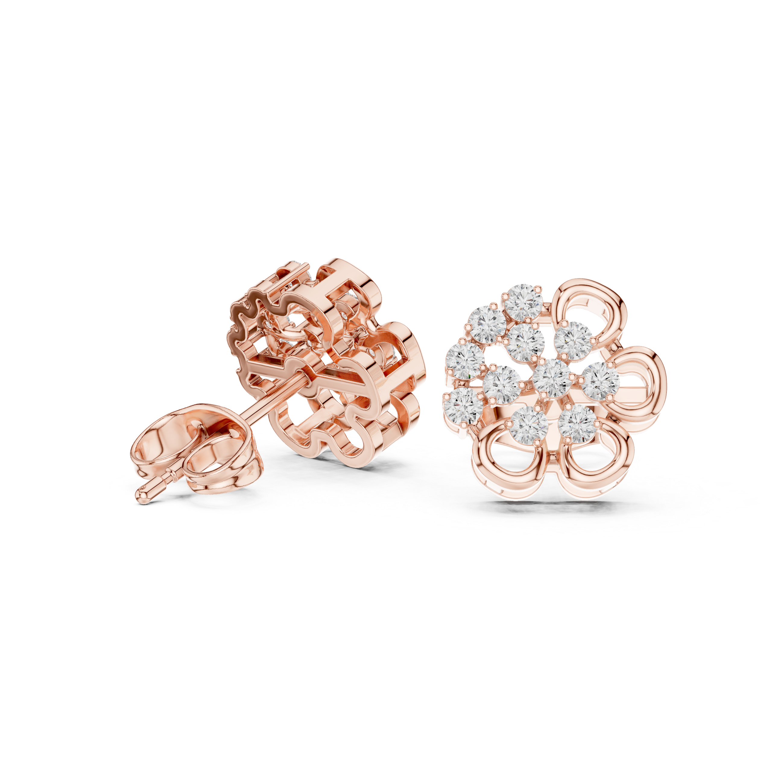 Vintage Floral Diamond Cluster Stud Earrings with Open Gold Motif