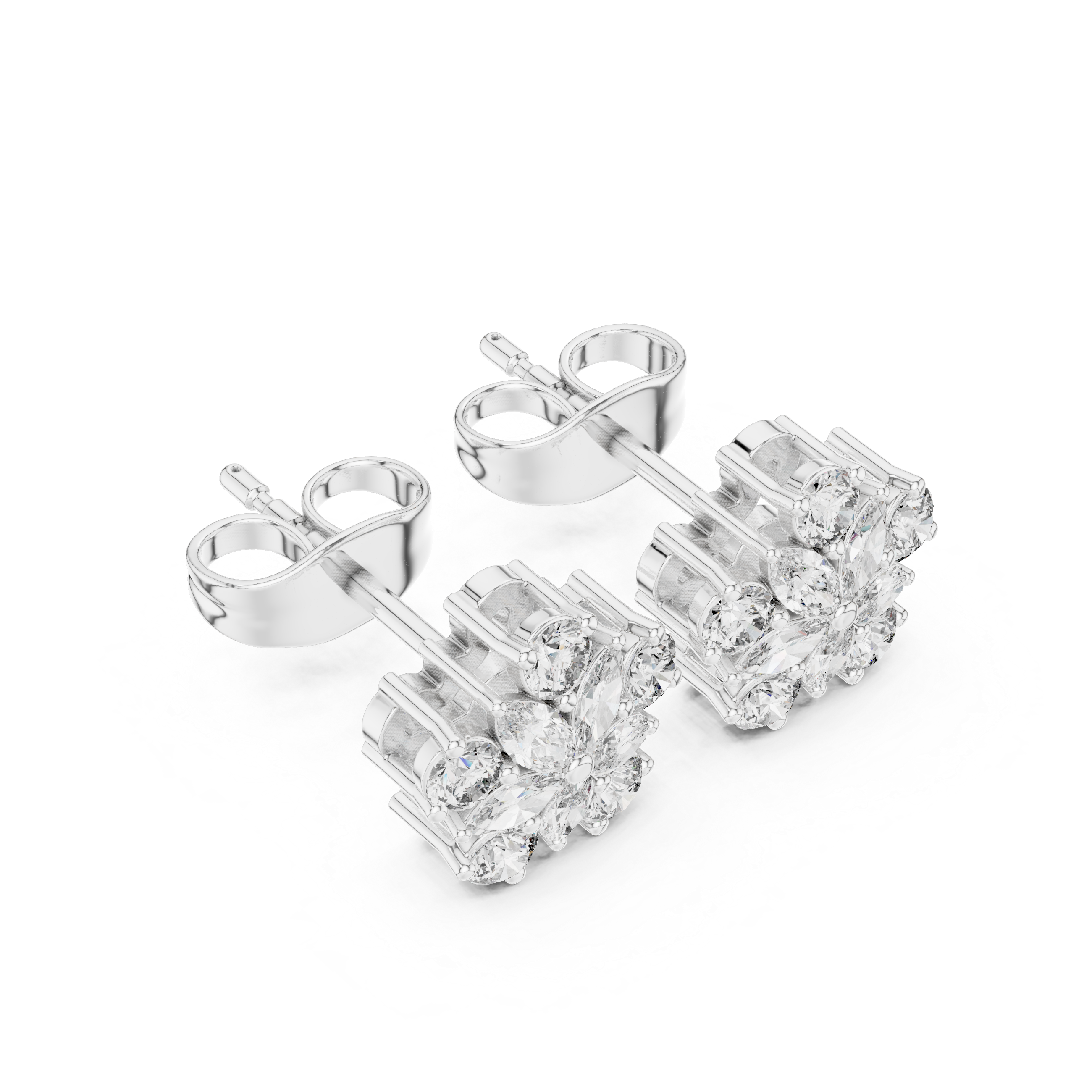 Marquise & Round Diamond Floral Cluster Stud Earrings