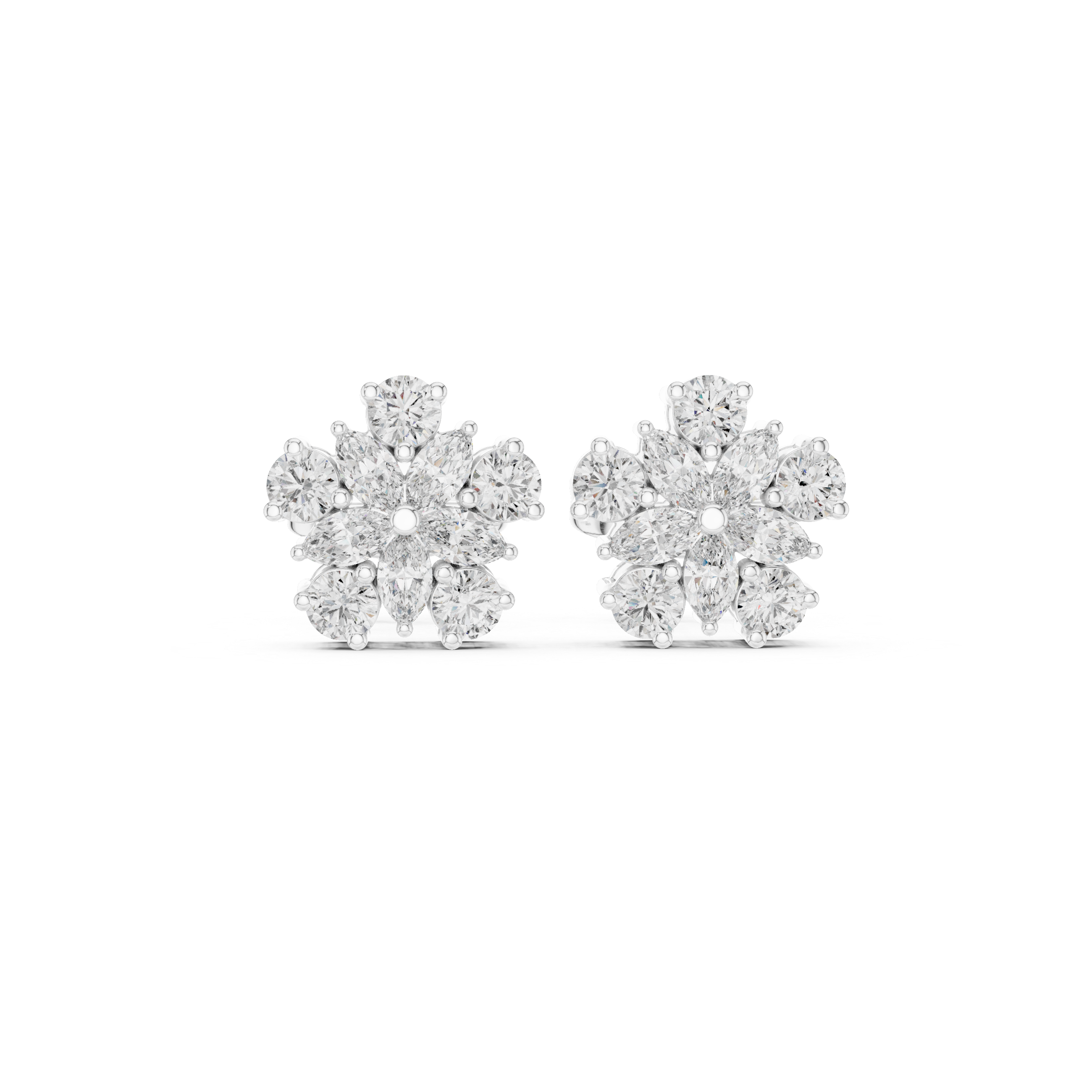 Marquise & Round Diamond Floral Cluster Stud Earrings