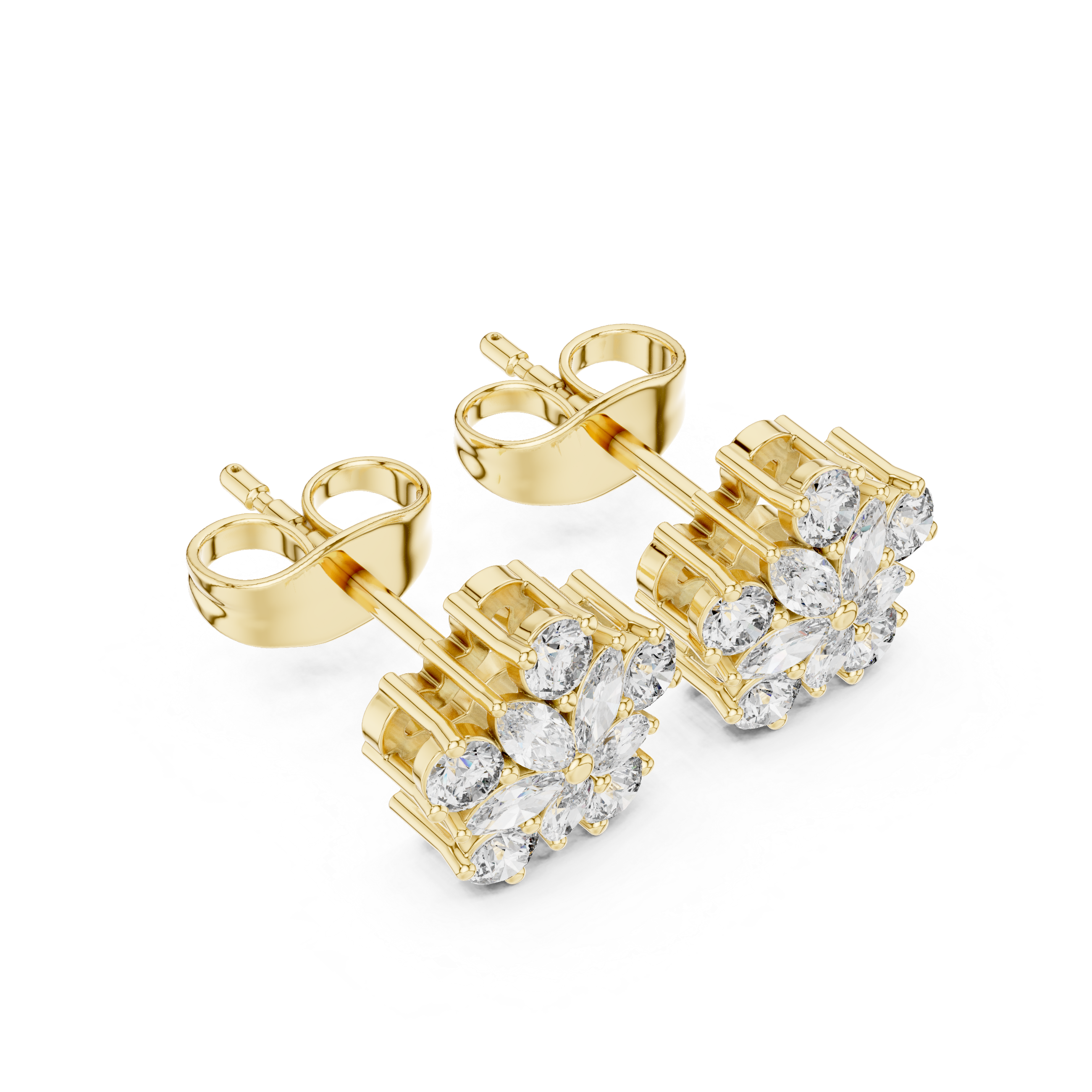 Marquise & Round Diamond Floral Cluster Stud Earrings