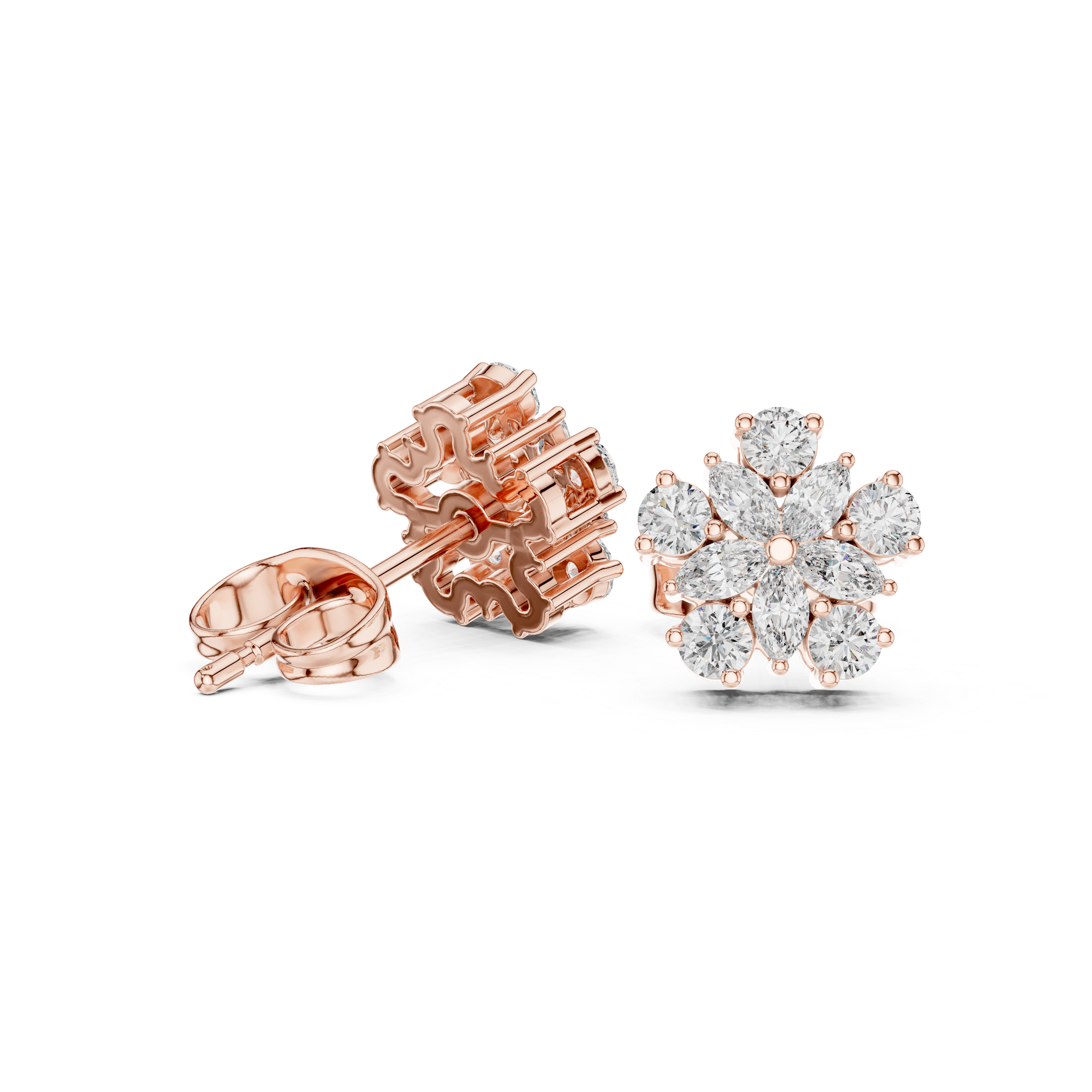 Marquise & Round Diamond Floral Cluster Stud Earrings
