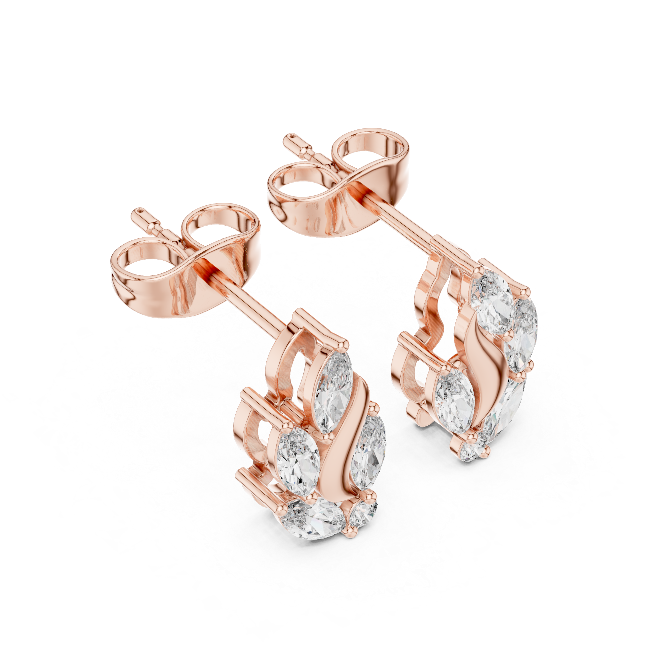 Curved Leaf Marquise Diamond Stud Earrings
