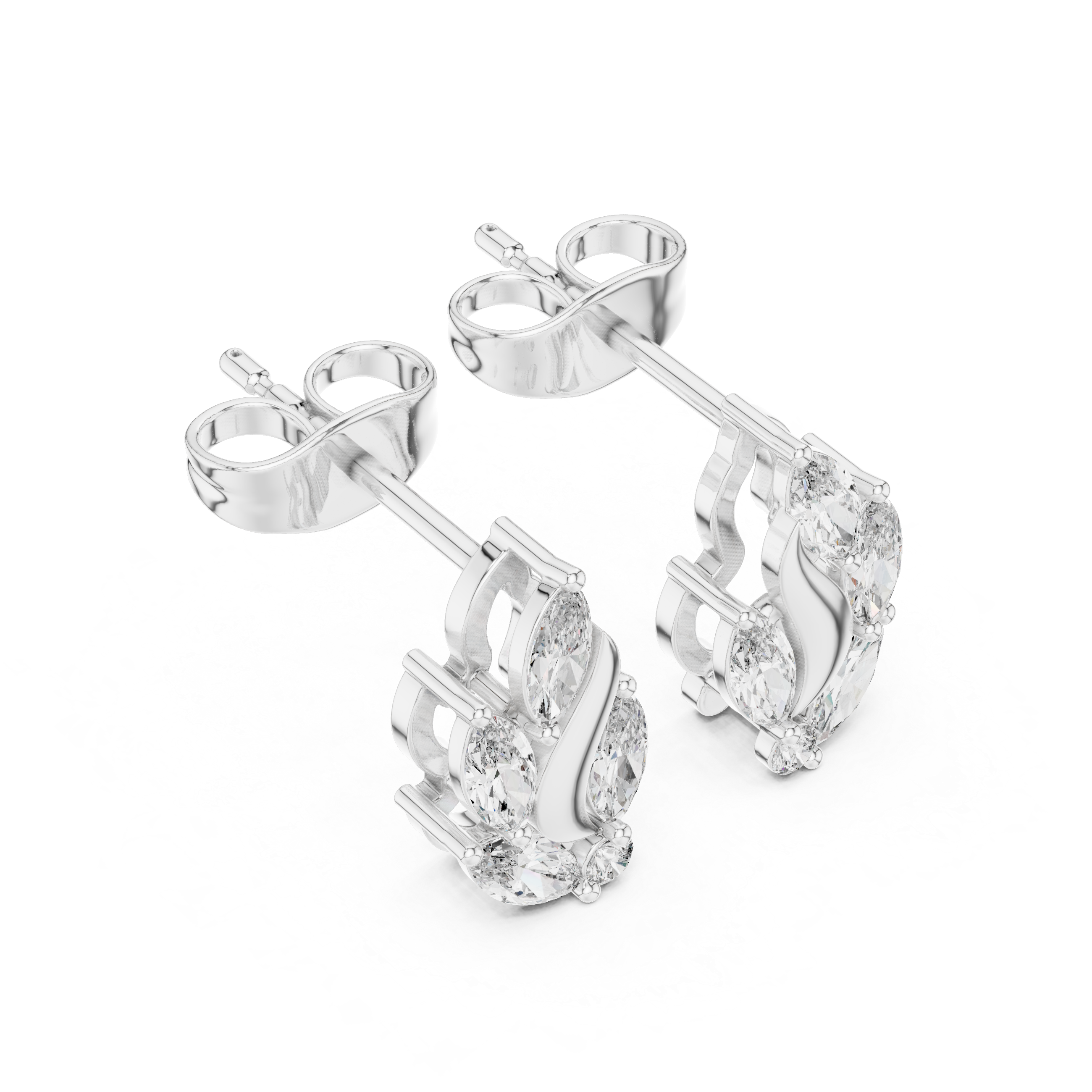 Curved Leaf Marquise Diamond Stud Earrings