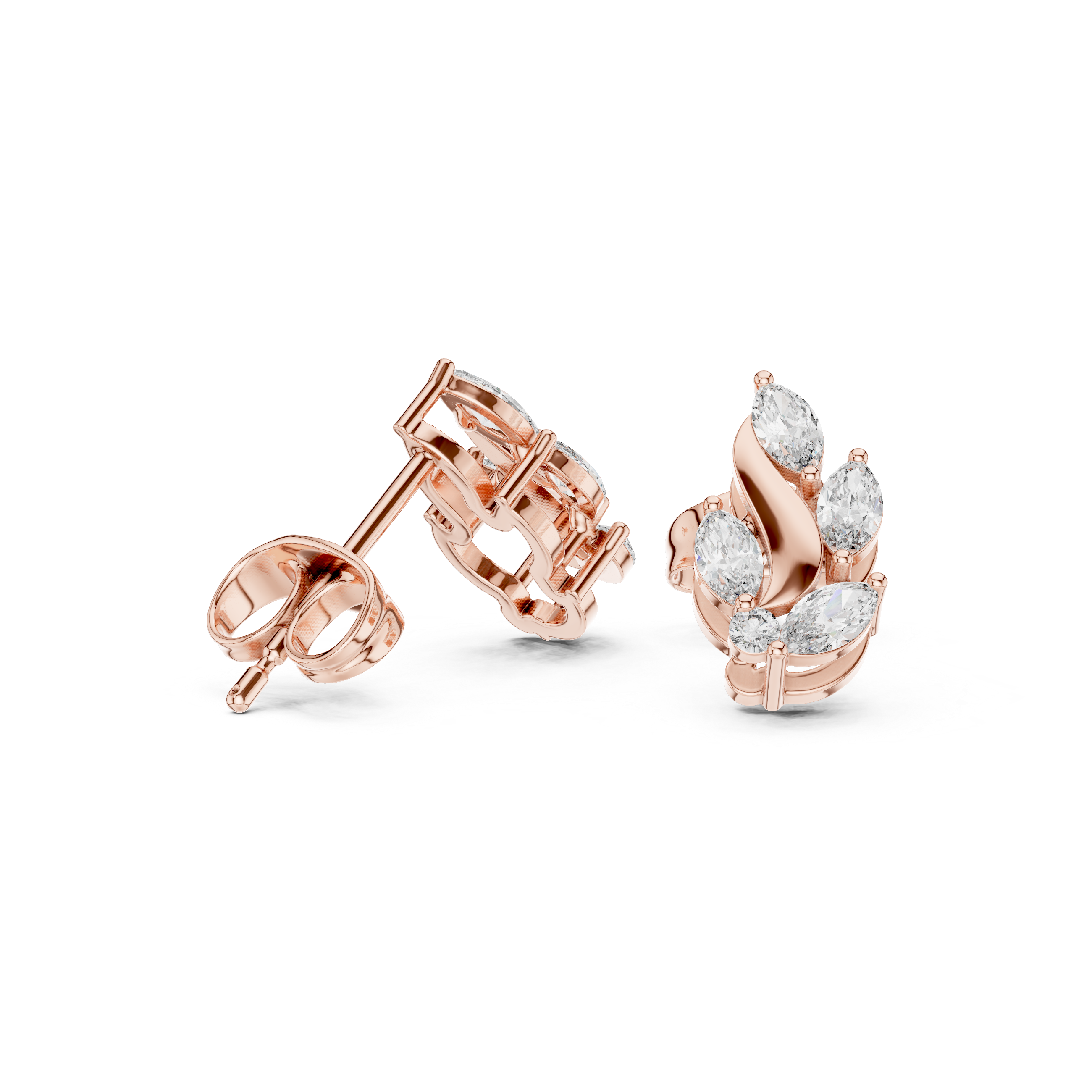 Curved Leaf Marquise Diamond Stud Earrings