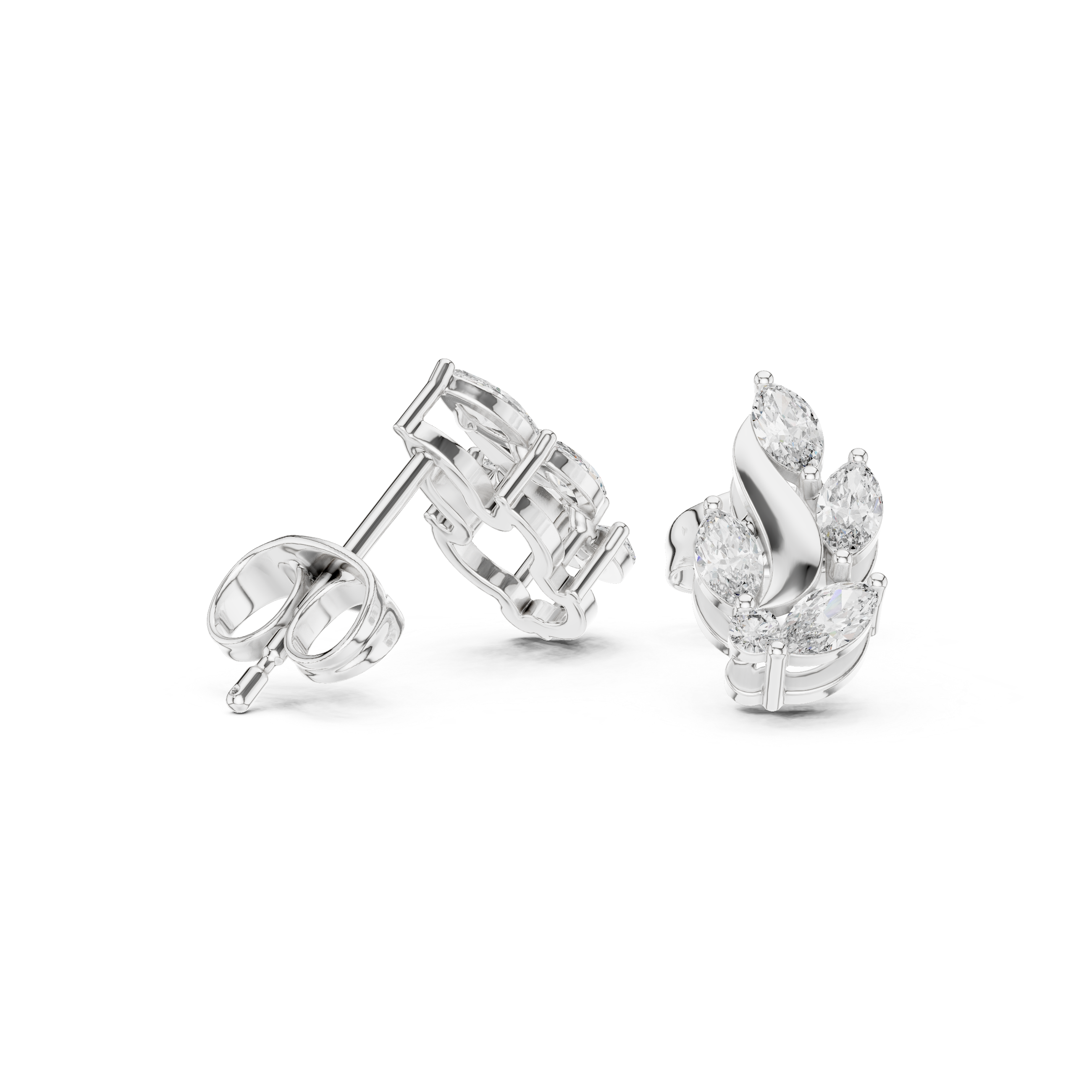 Curved Leaf Marquise Diamond Stud Earrings