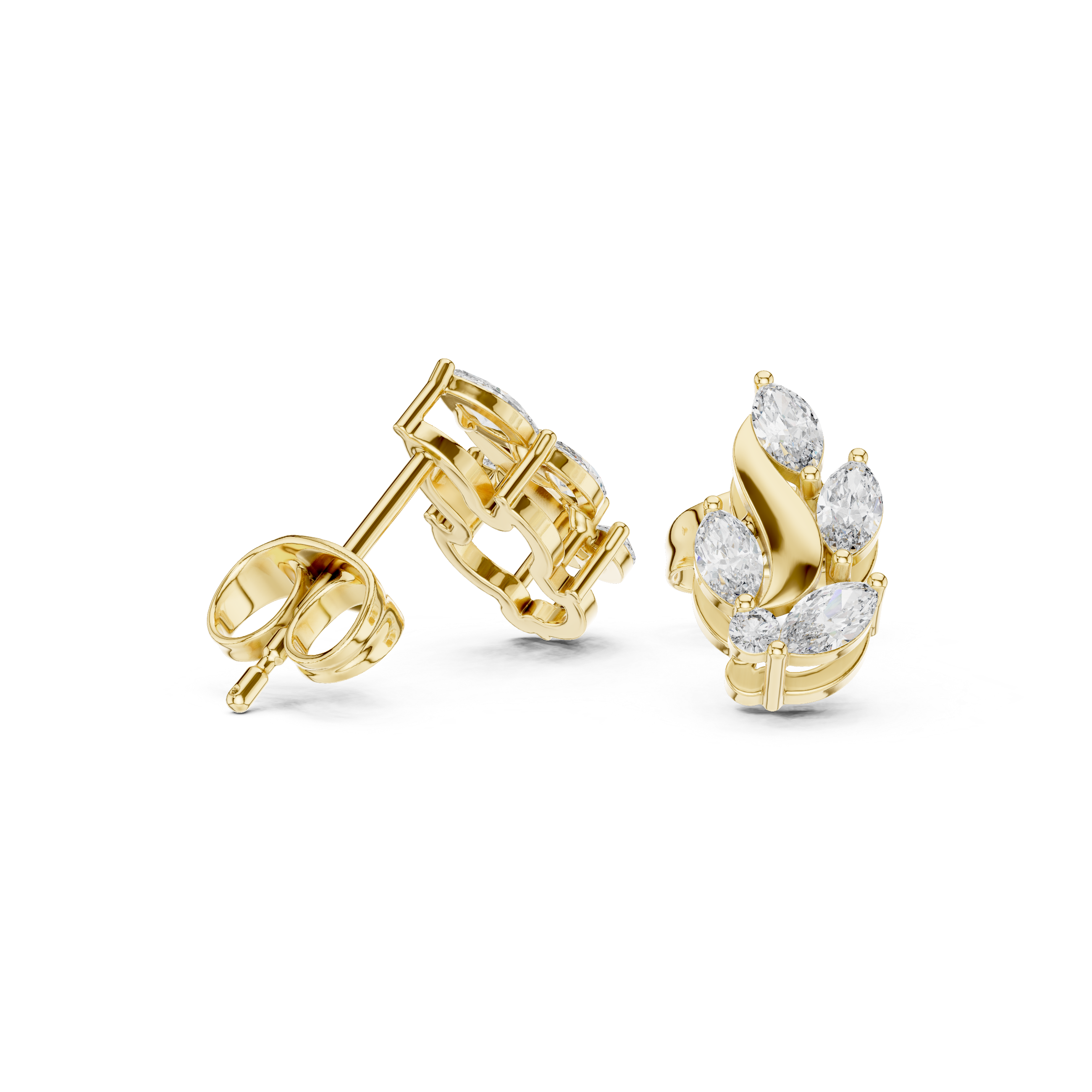 Curved Leaf Marquise Diamond Stud Earrings