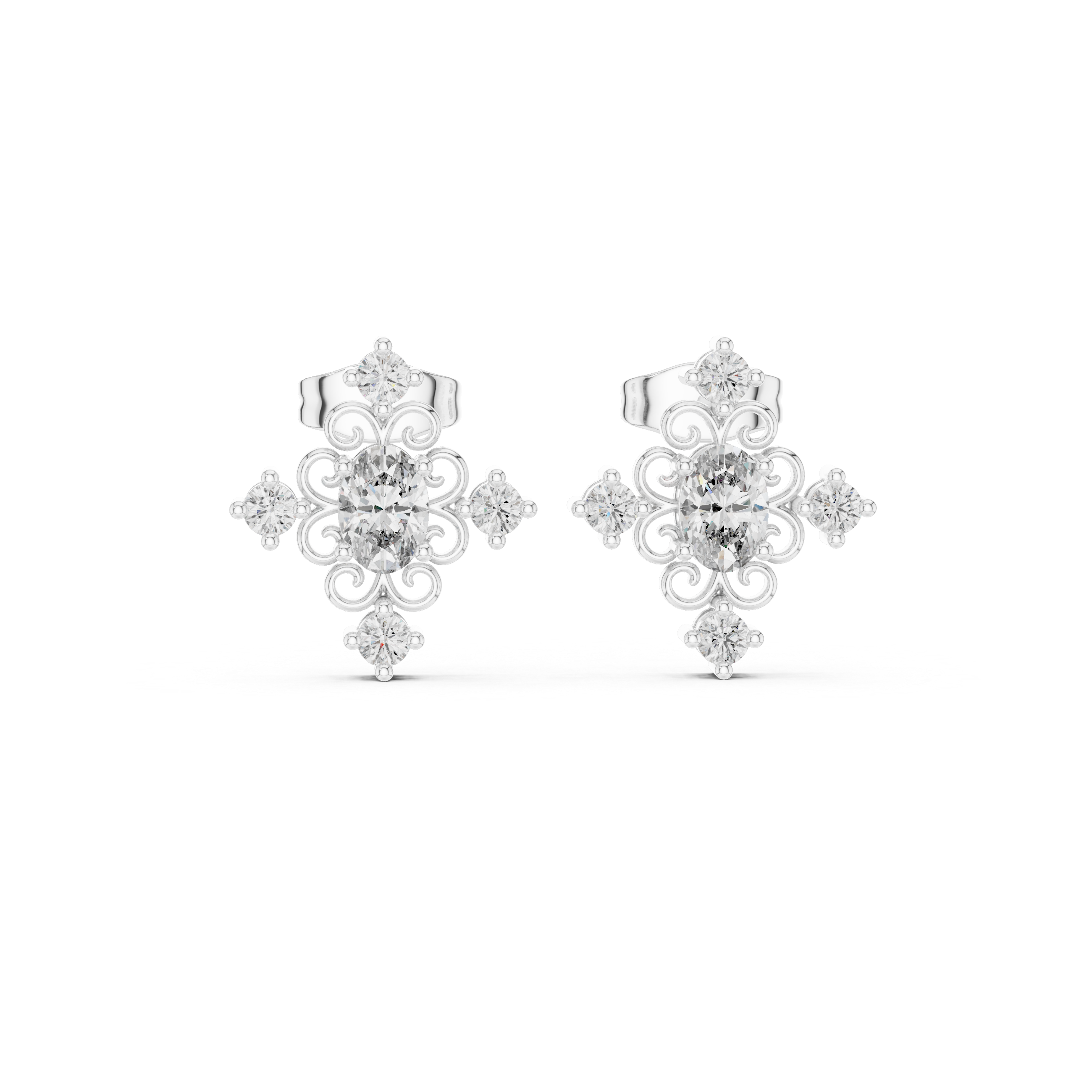 Vintage Oval Center Diamond Stud Earrings with Ornate Scroll Halo