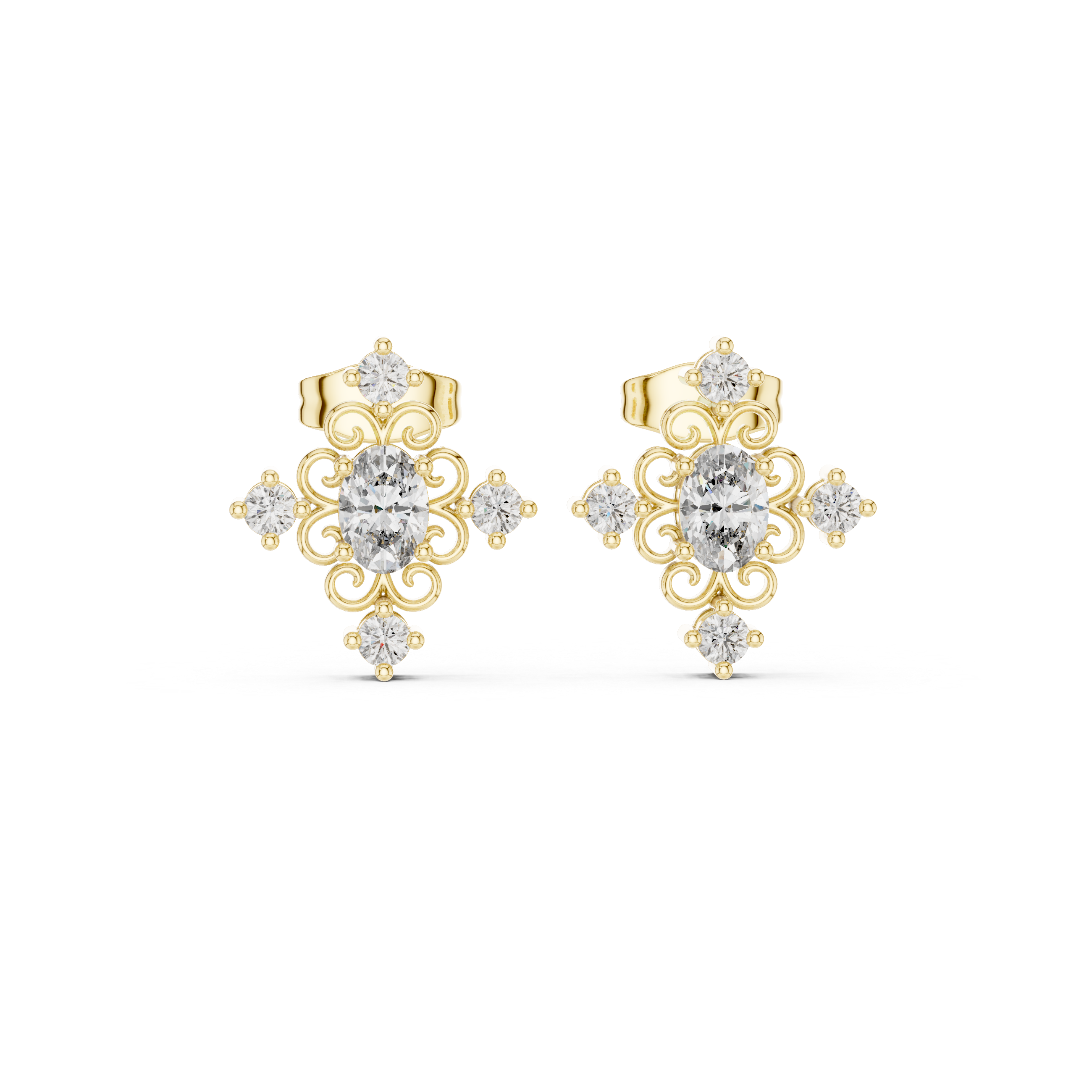 Vintage Oval Center Diamond Stud Earrings with Ornate Scroll Halo