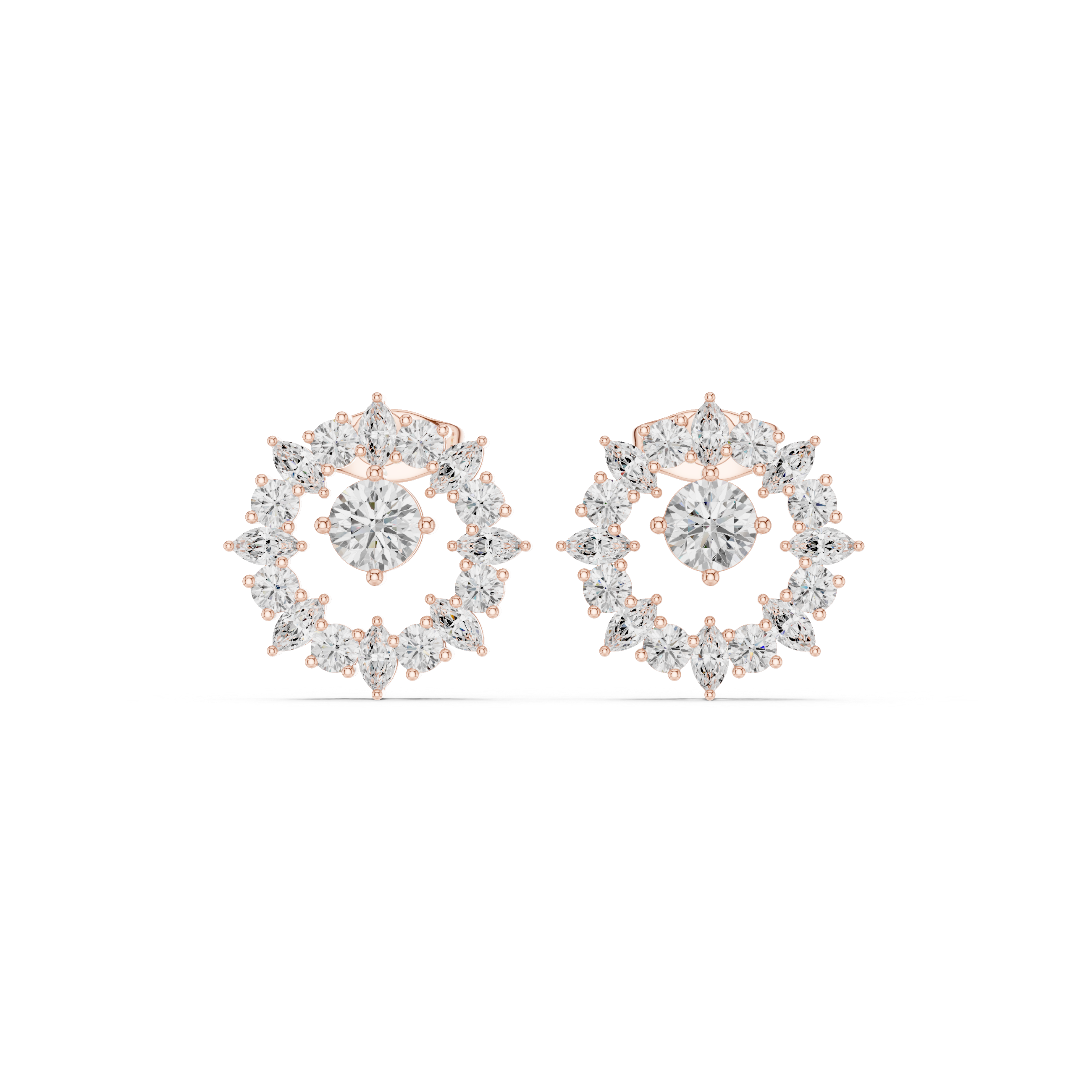 Halo Circle Diamond Stud Earrings with Marquise Accents