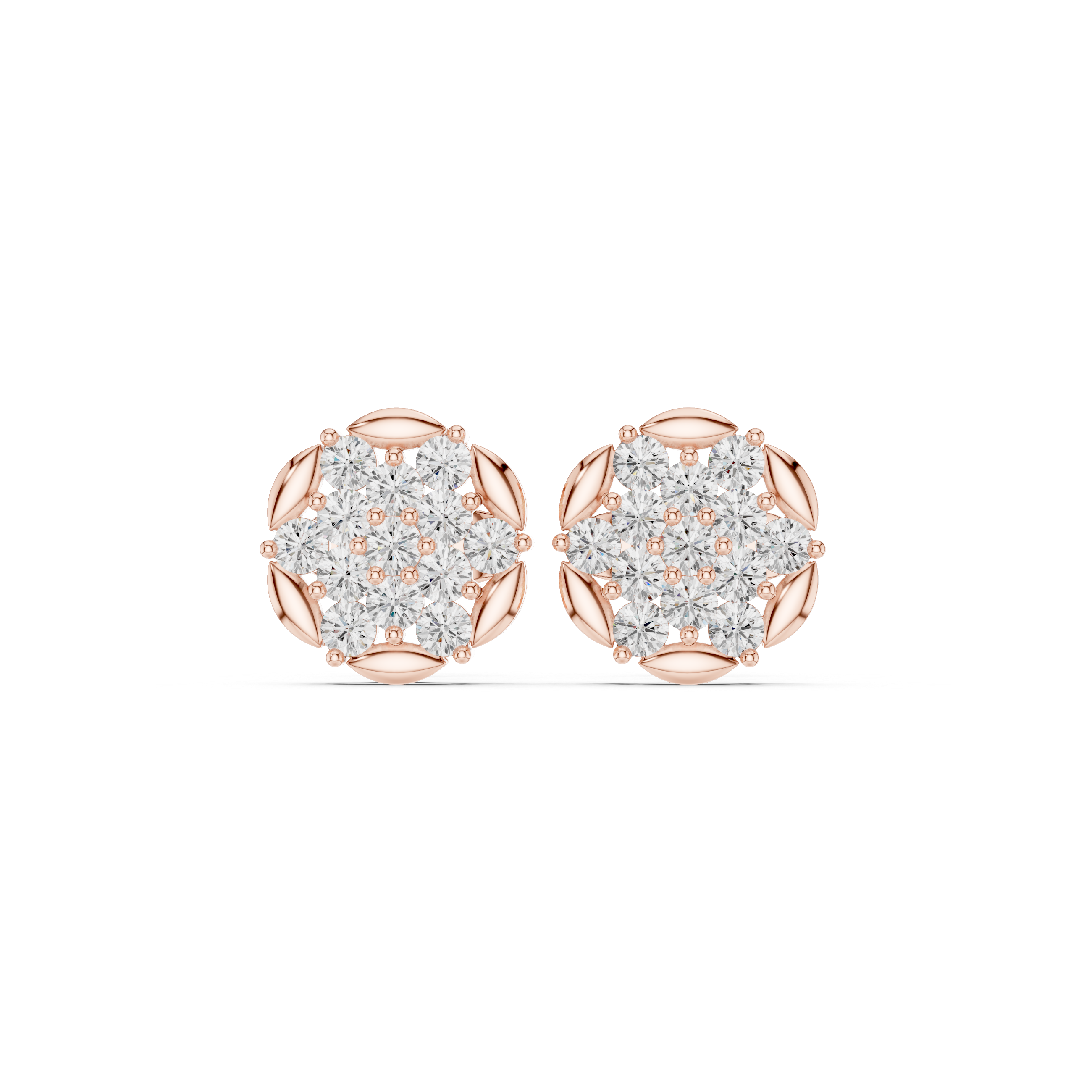 Round Diamond Cluster Stud Earrings with Marquise Accents