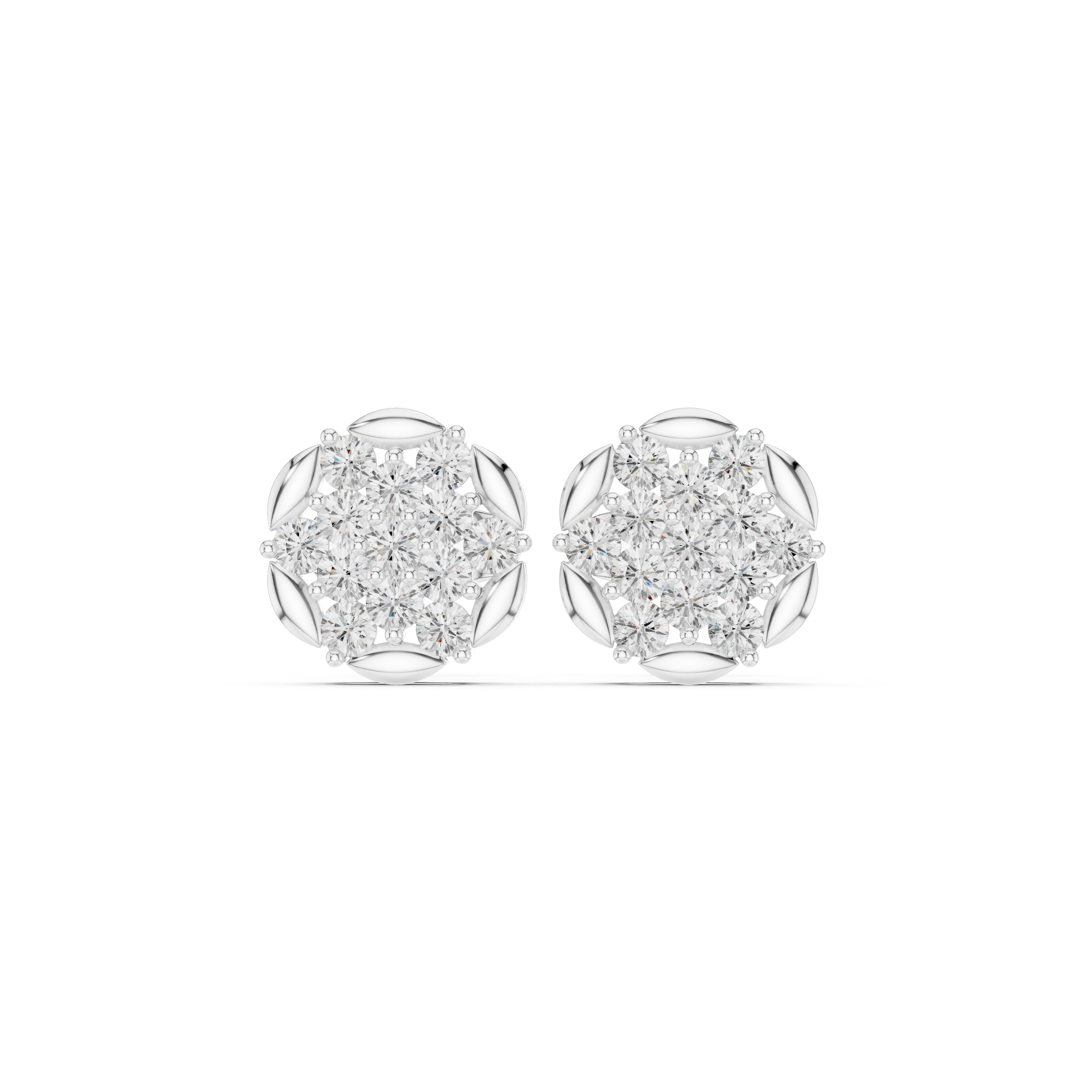 Round Diamond Cluster Stud Earrings with Marquise Accents
