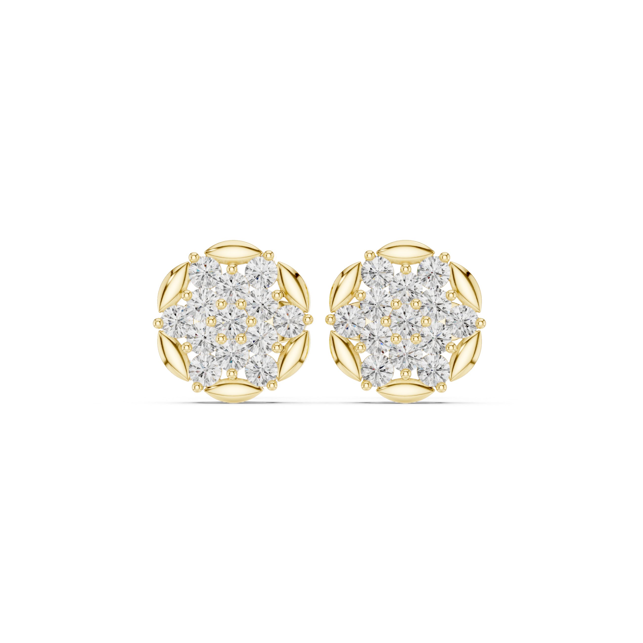 Round Diamond Cluster Stud Earrings with Marquise Accents