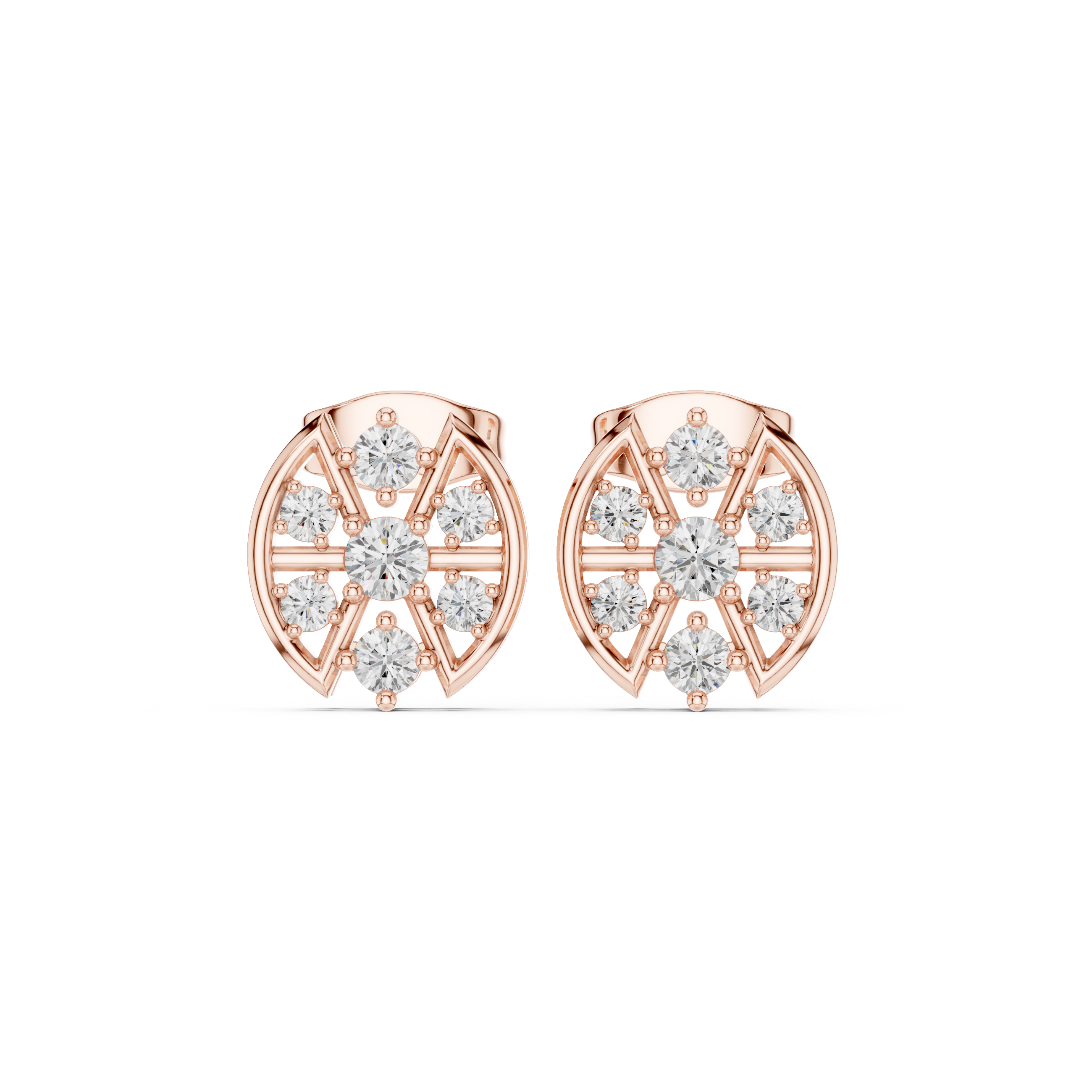 Round Diamond Cluster Stud Earrings with Openwork Petal Frame