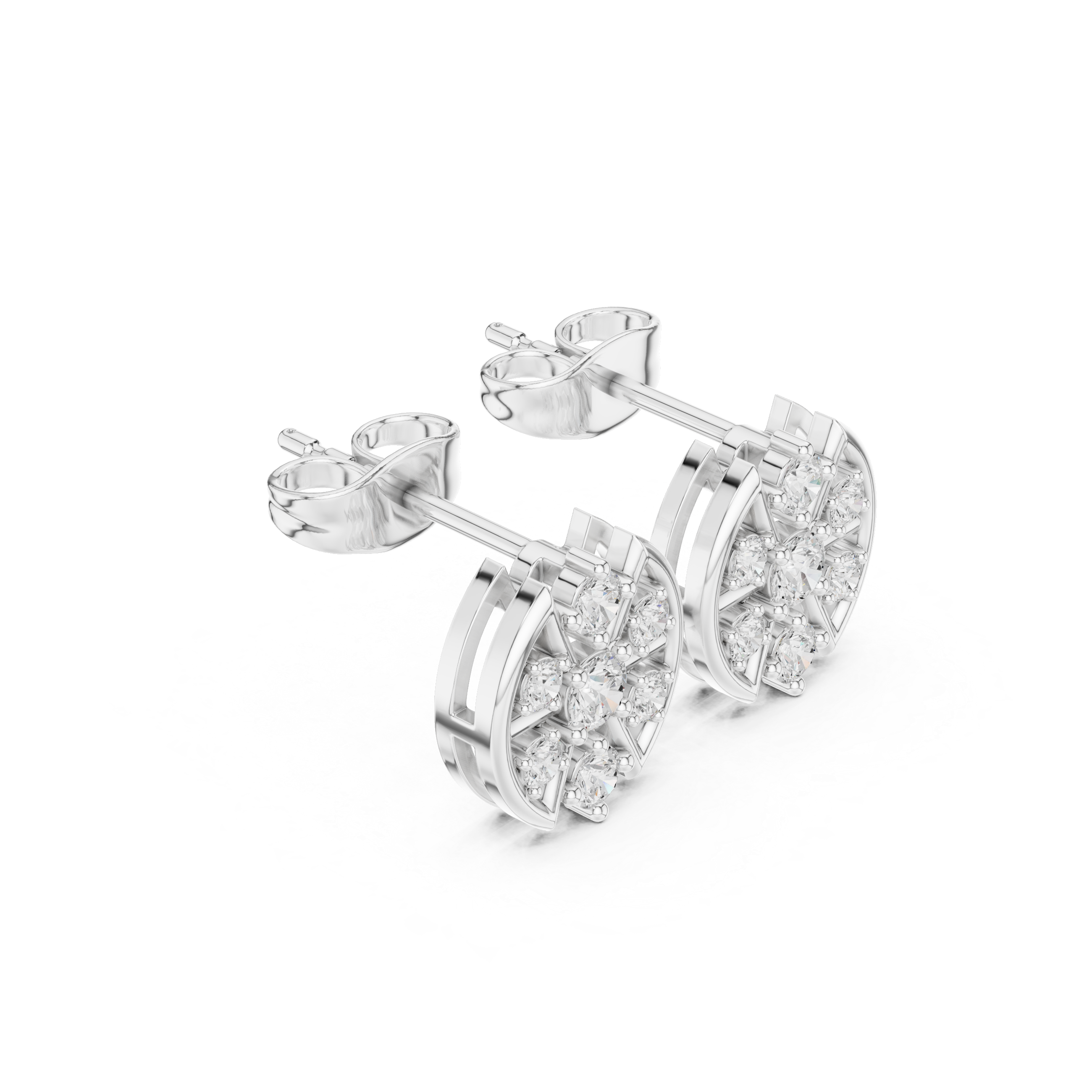 Round Diamond Cluster Stud Earrings with Openwork Petal Frame