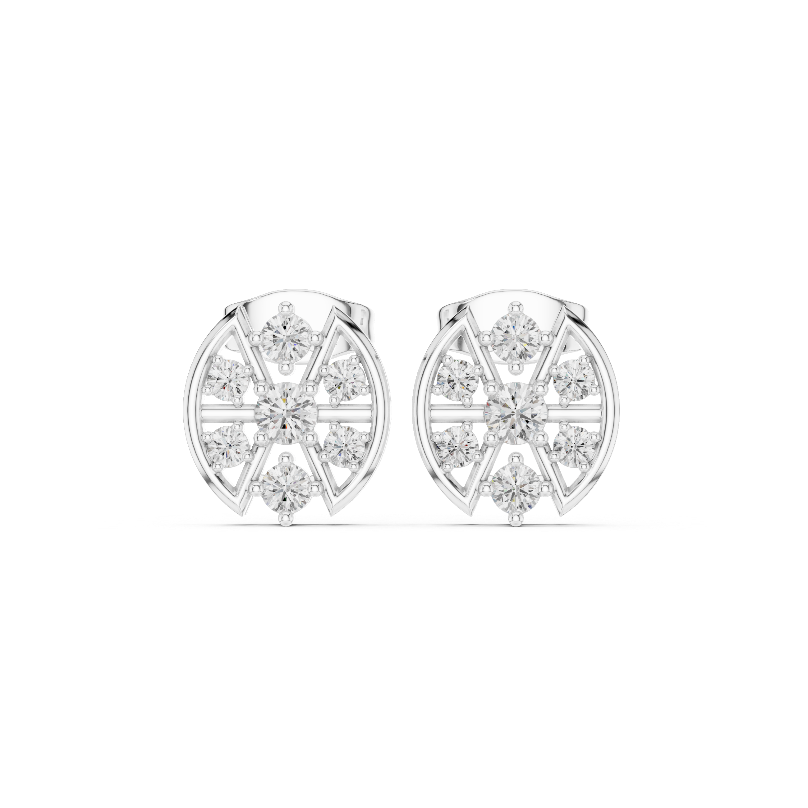 Round Diamond Cluster Stud Earrings with Openwork Petal Frame