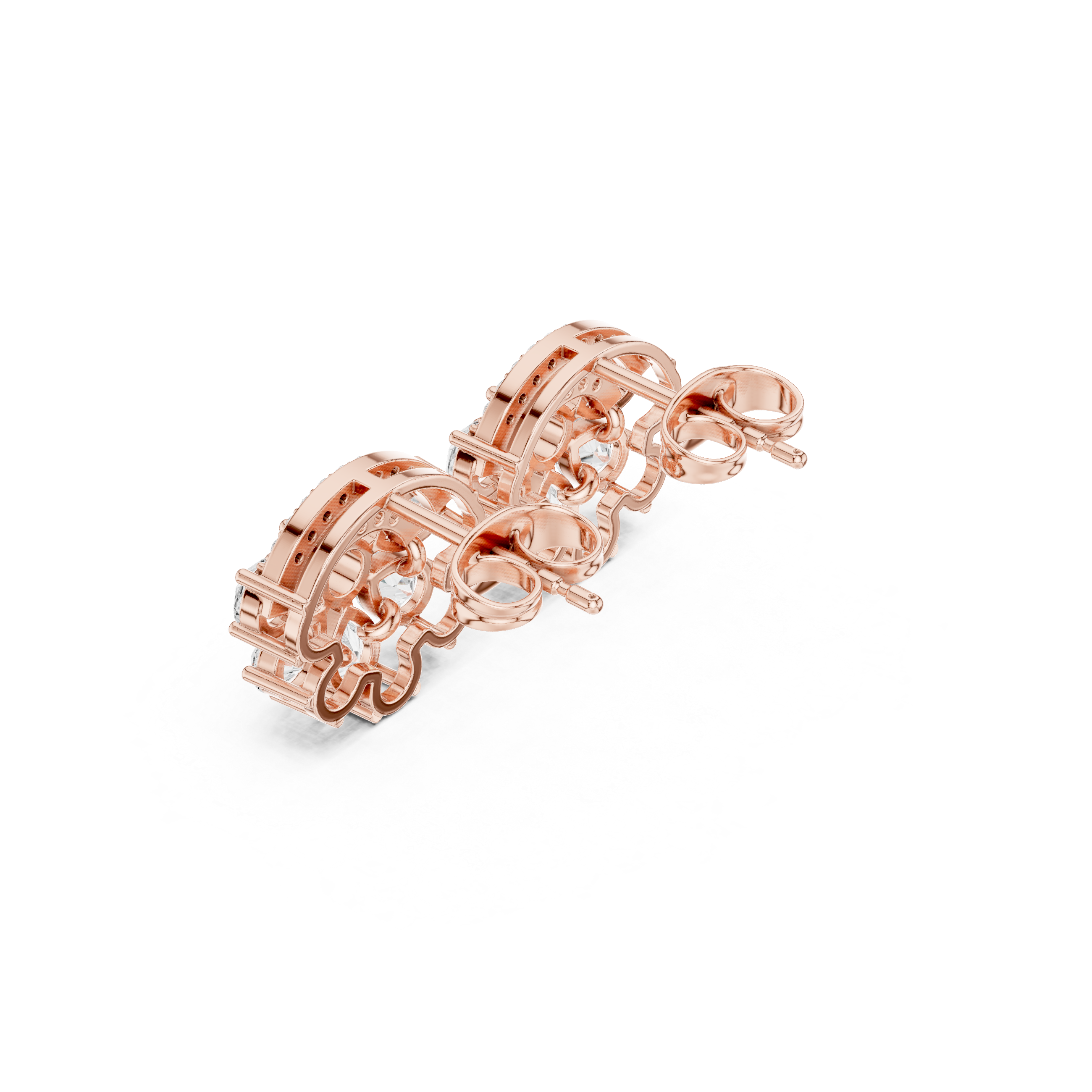 Fan Shape Diamond Cluster Stud Earrings with Double Pavé Arc