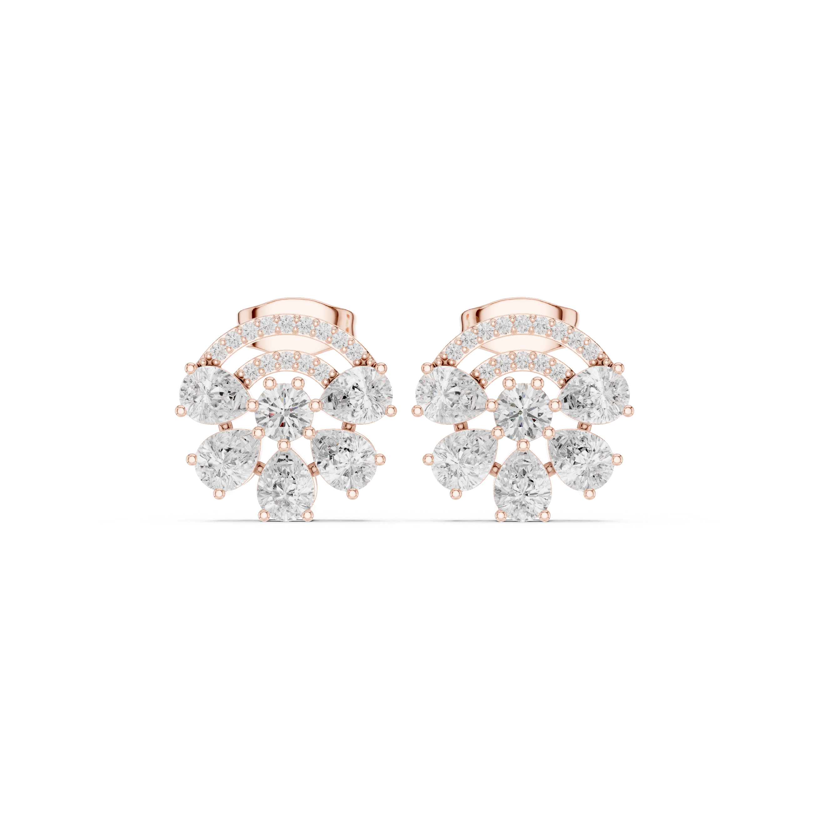 Fan Shape Diamond Cluster Stud Earrings with Double Pavé Arc