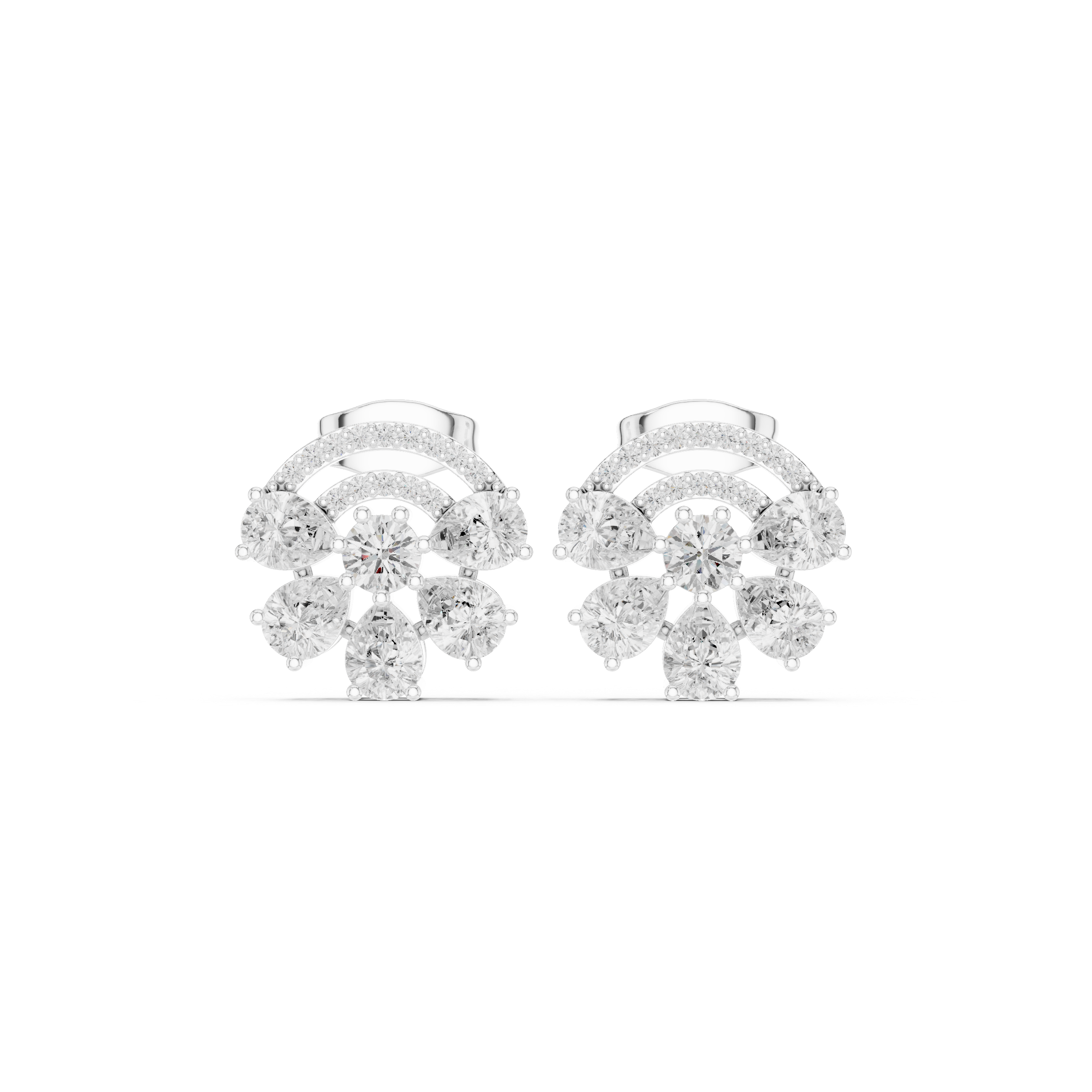 Fan Shape Diamond Cluster Stud Earrings with Double Pavé Arc