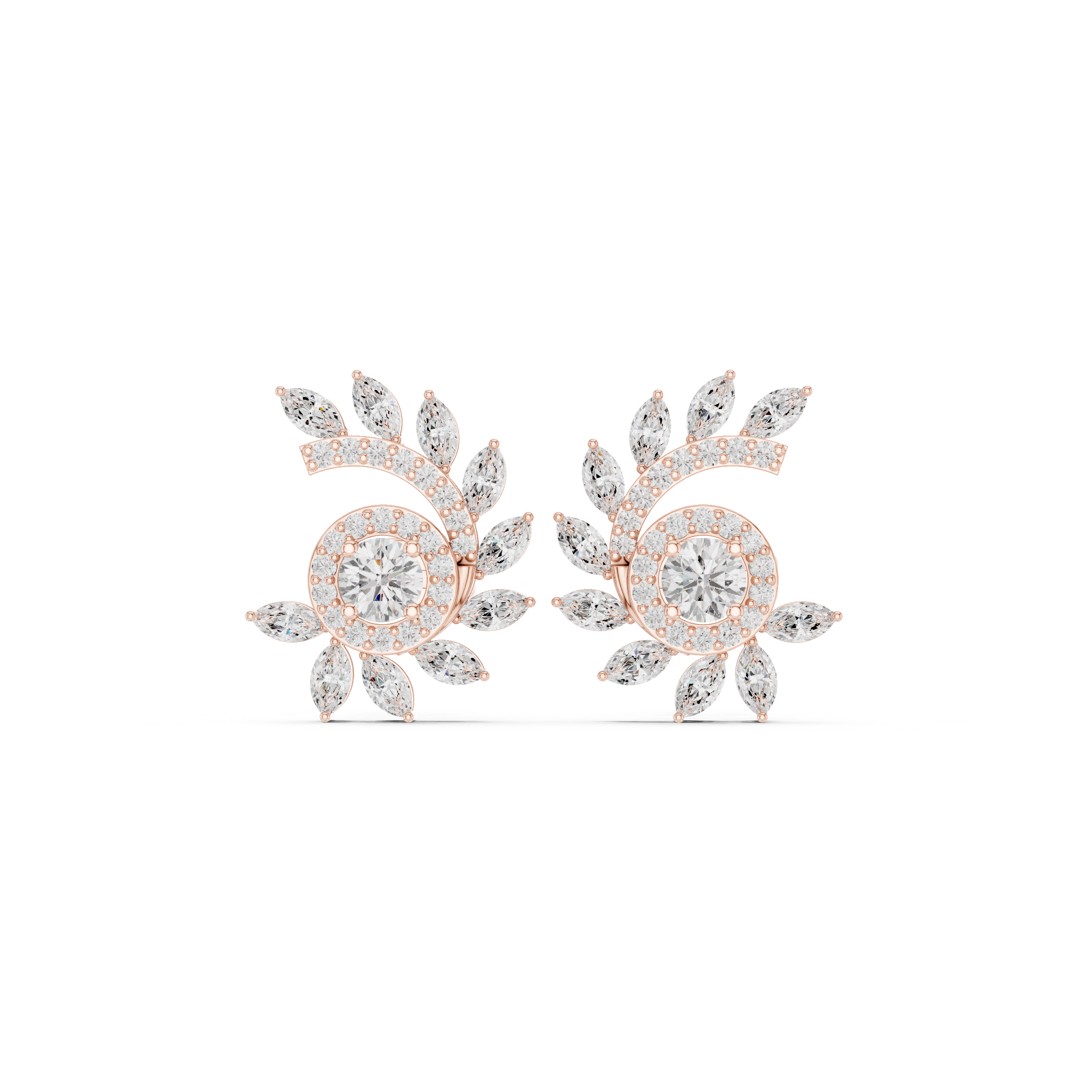 Marquise & Round Diamond Spiral Floral Stud Earrings