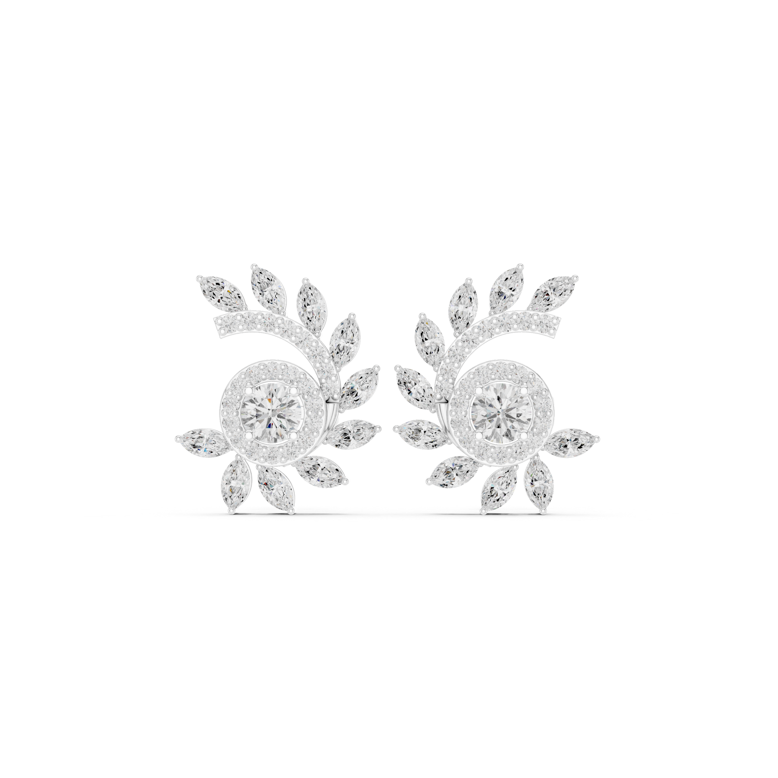 Marquise & Round Diamond Spiral Floral Stud Earrings
