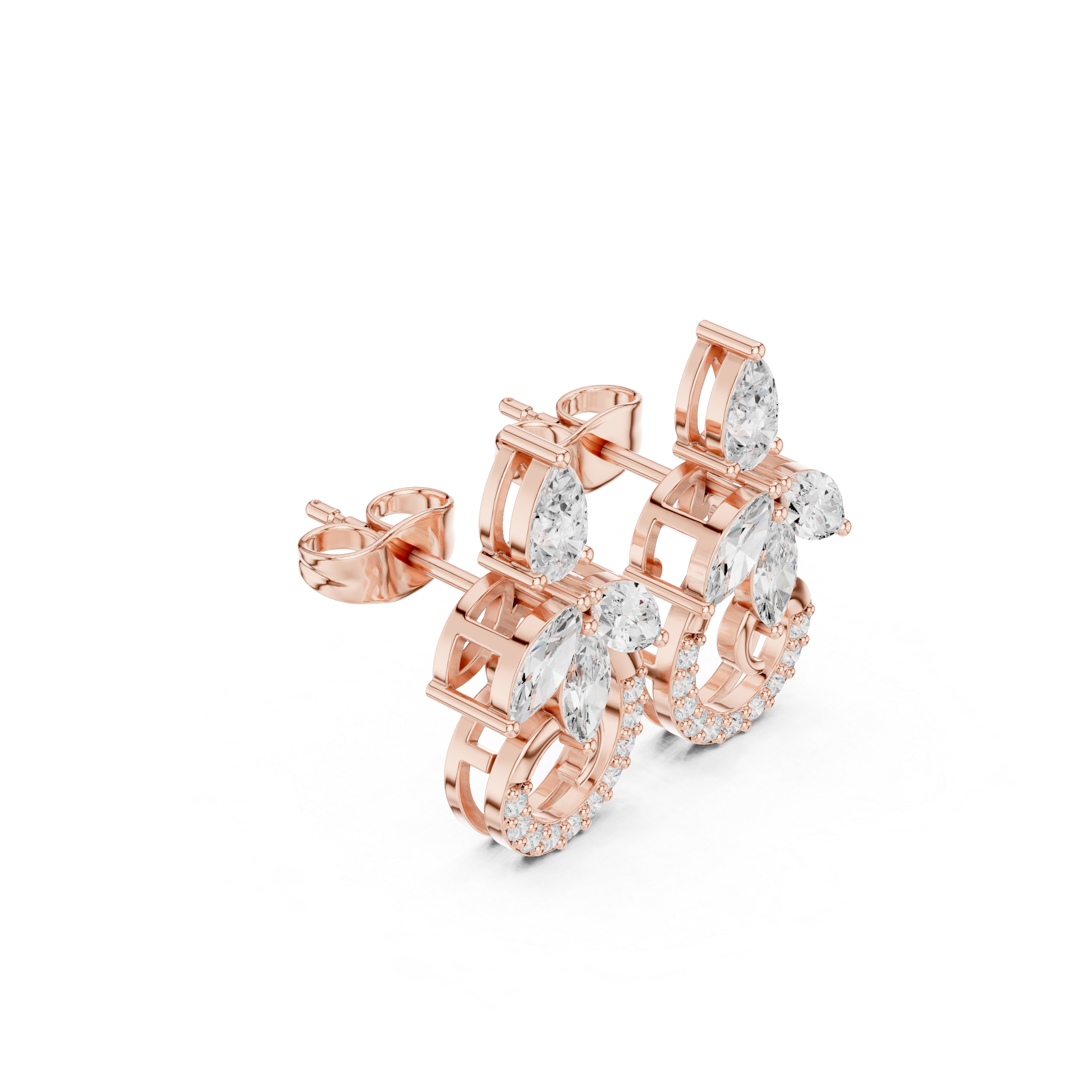Floral Marquise Diamond Drop Earrings with Spiral Pavé Detail