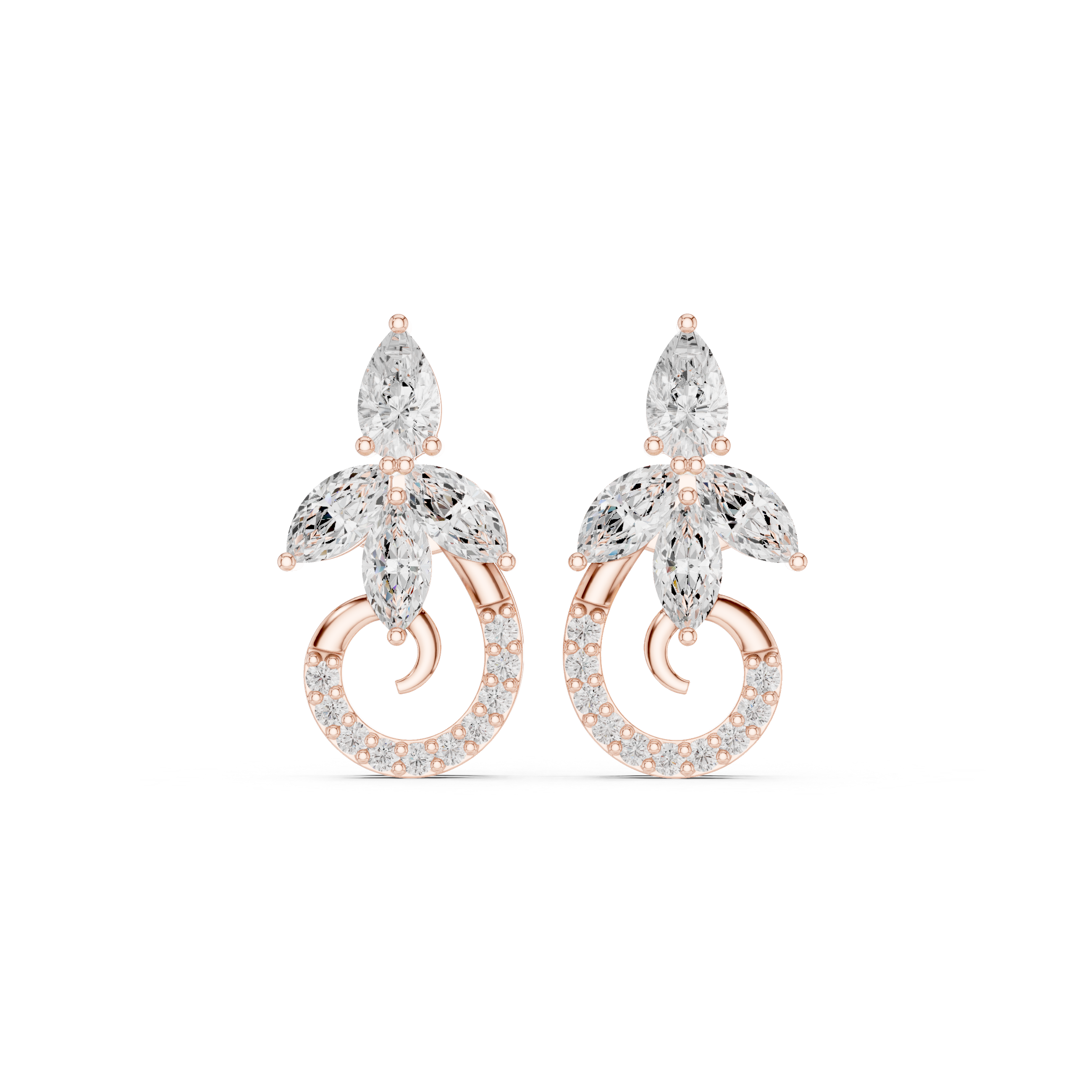 Floral Marquise Diamond Drop Earrings with Spiral Pavé Detail