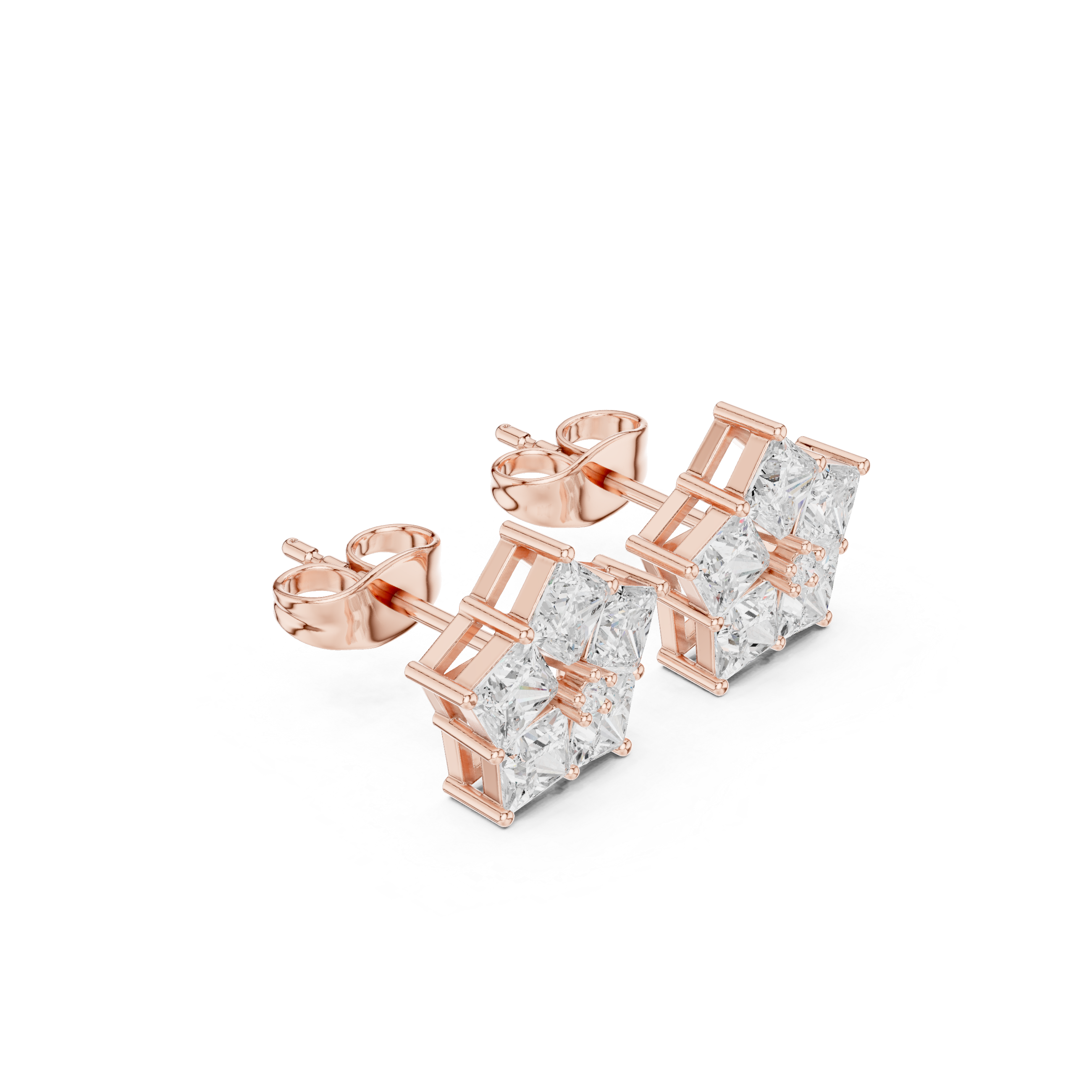 Pentagon Princess Cut Diamond Cluster Earrings