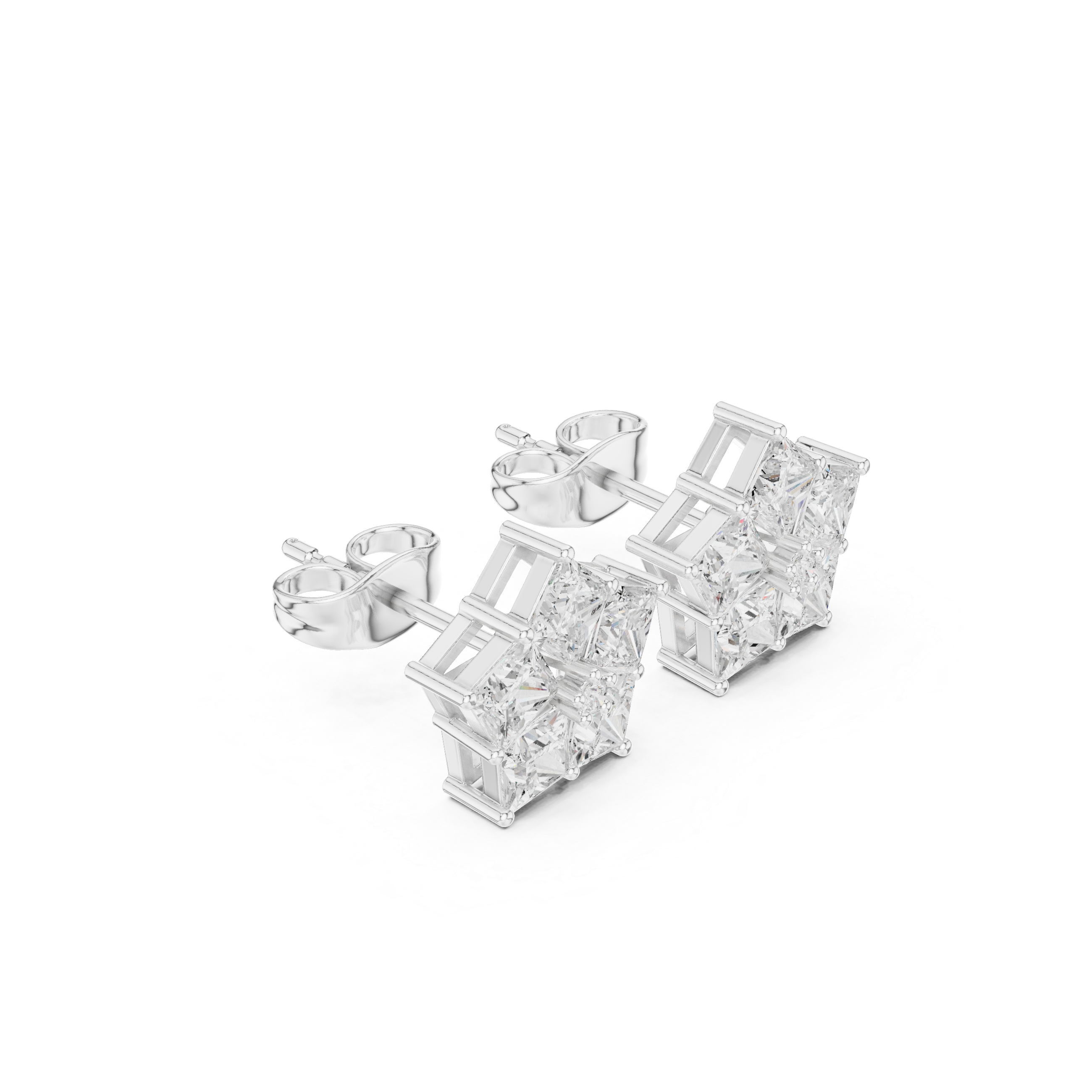 Pentagon Princess Cut Diamond Cluster Earrings