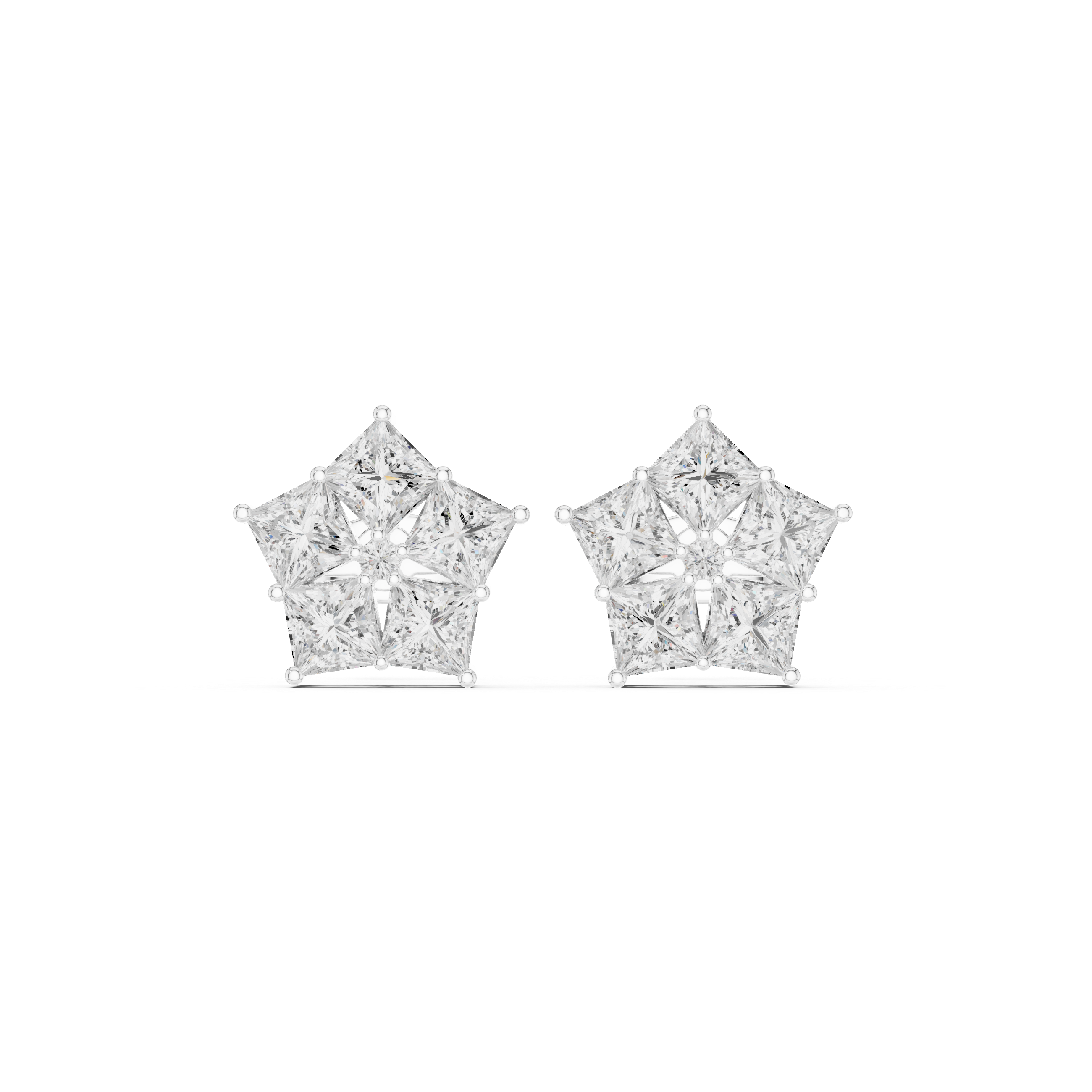 Pentagon Princess Cut Diamond Cluster Earrings