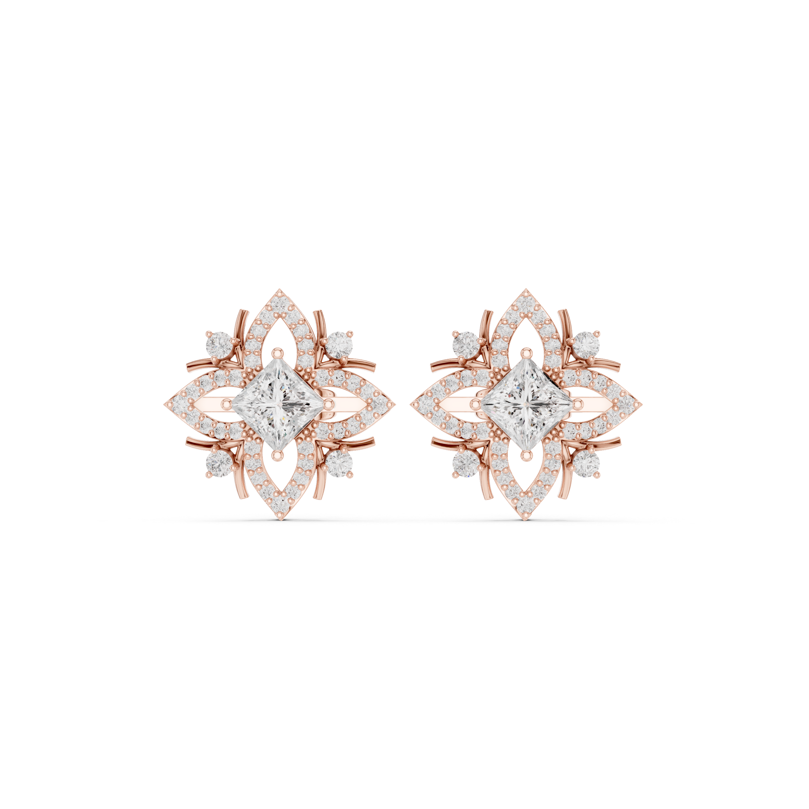 Floral Geometric Diamond Earrings with Princess Cut Center