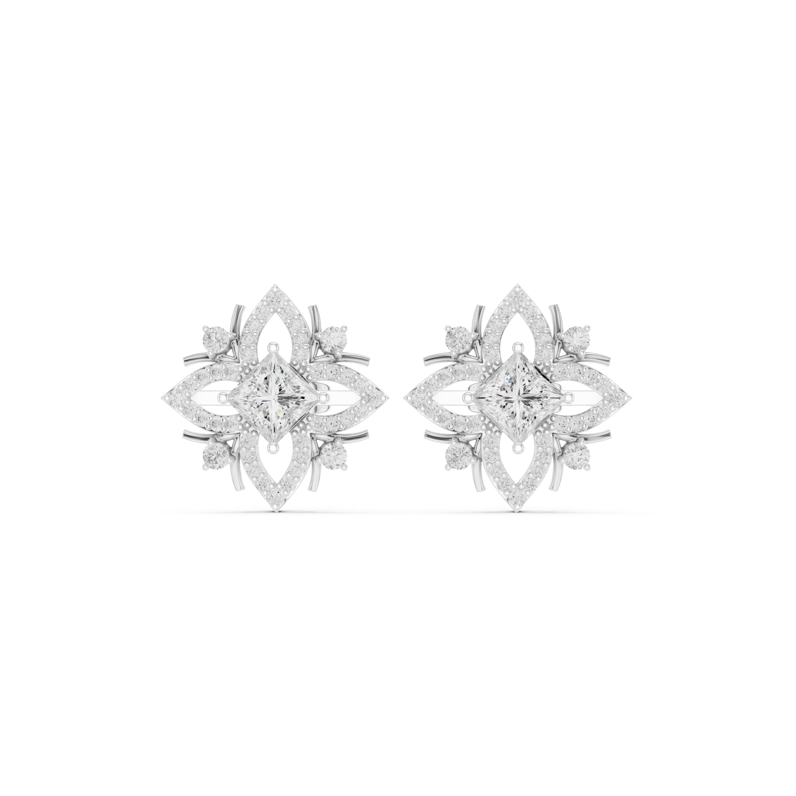 Floral Geometric Diamond Earrings with Princess Cut Center