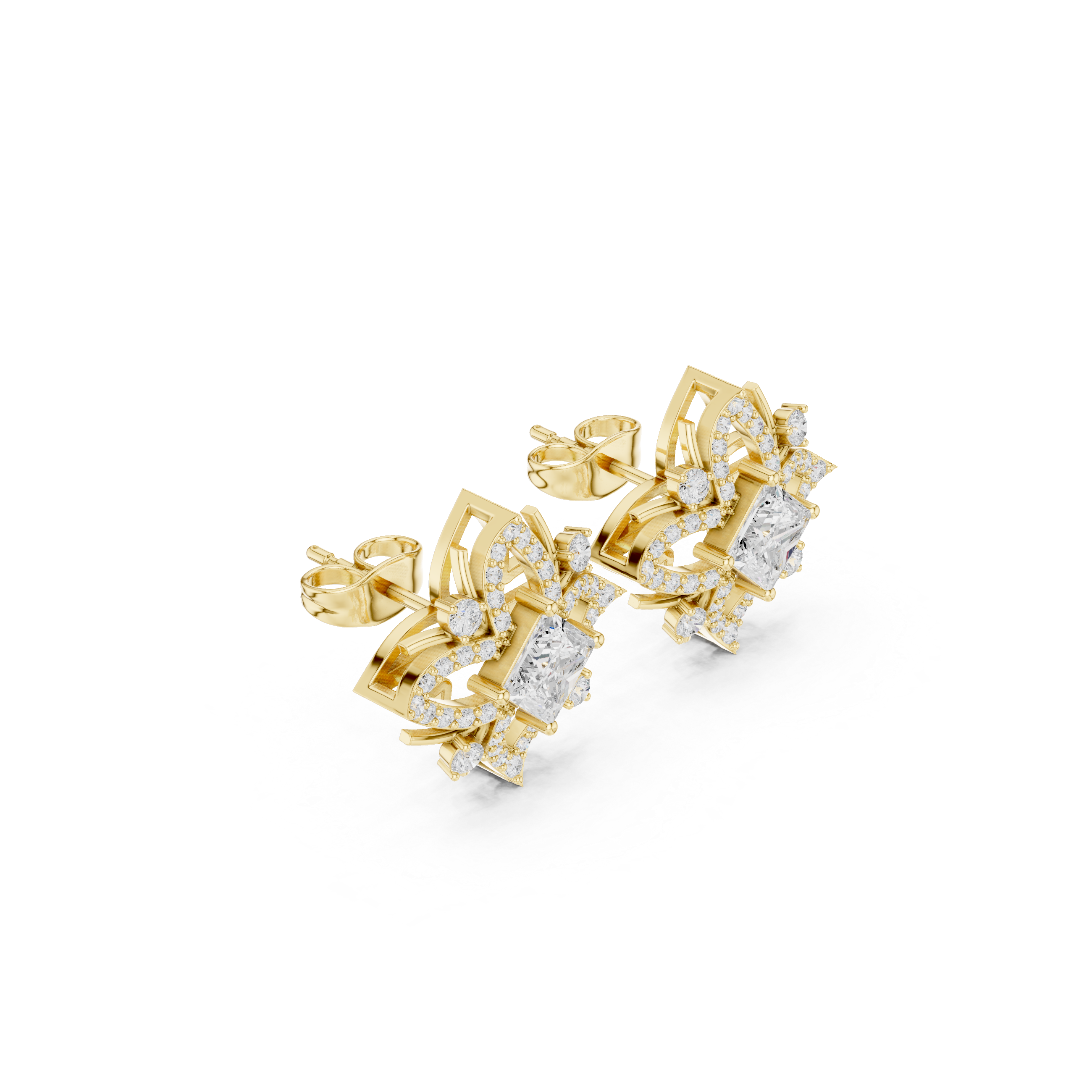 Floral Geometric Diamond Earrings with Princess Cut Center