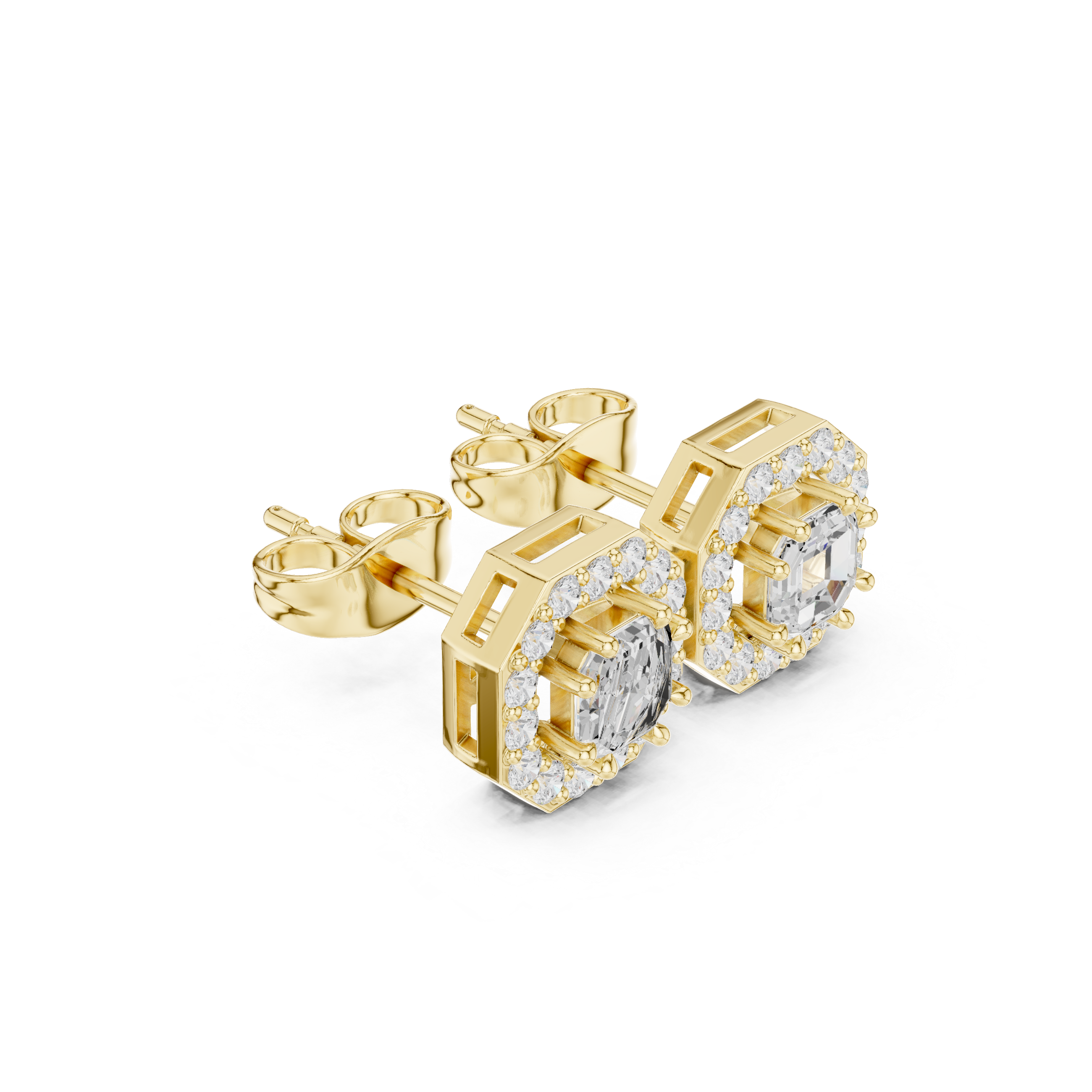 Octagon Halo Stud Earrings with Emerald Cut Center Stone